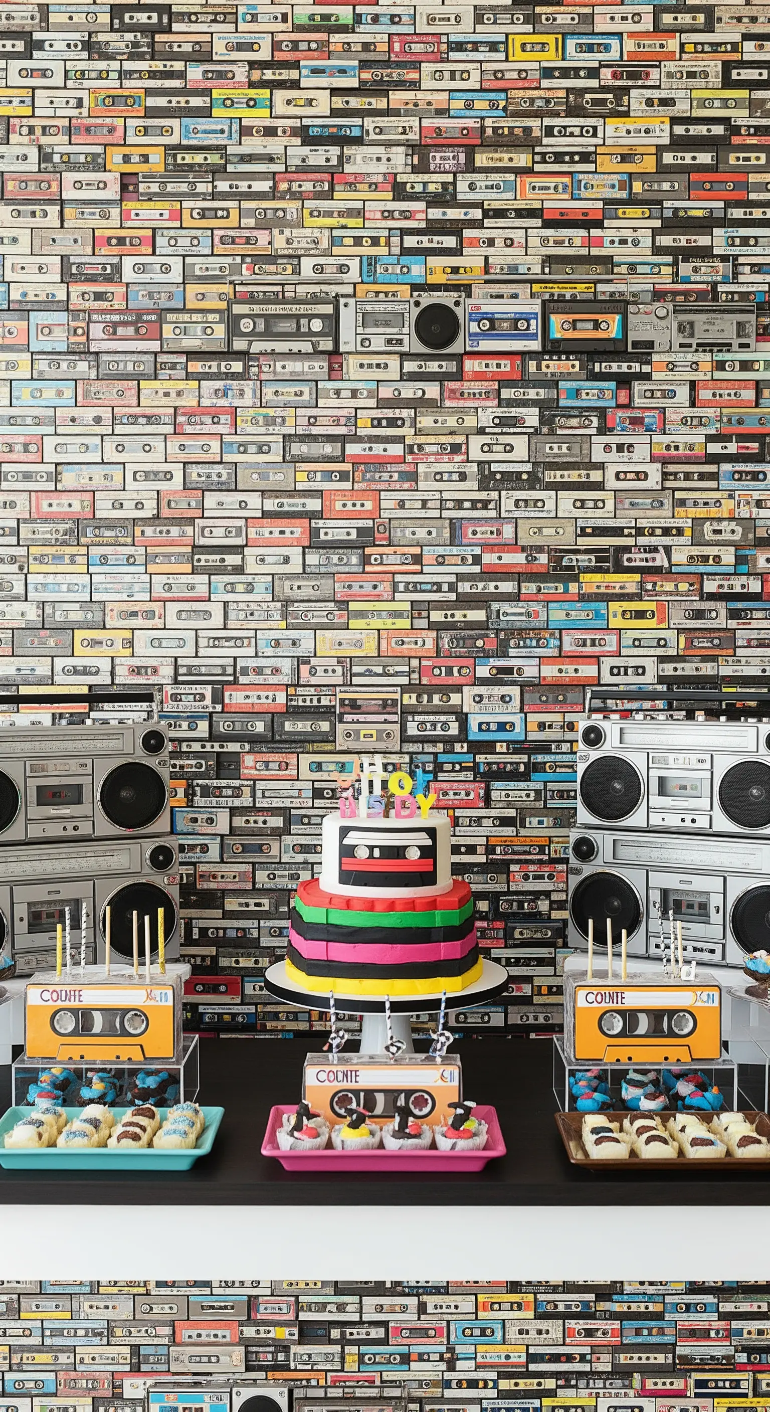 Parete decorativa interamente coperta di musicassette colorate, usata come sfondo per un buffet.