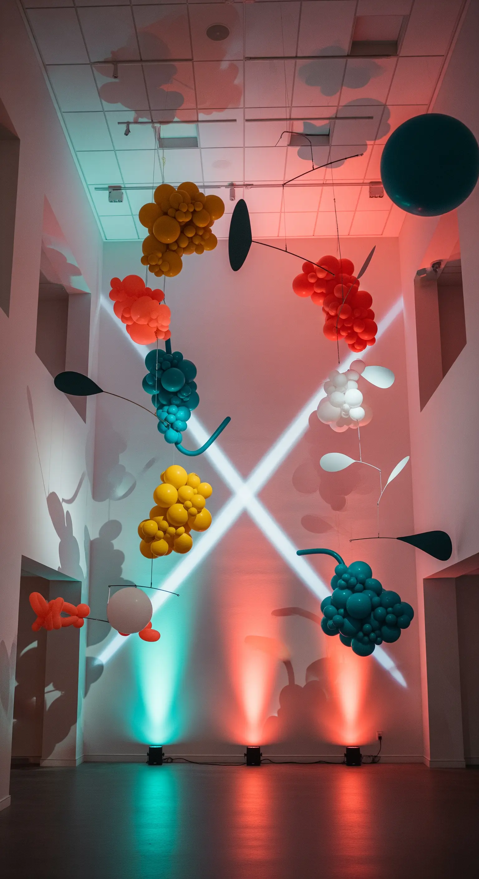 Installazione artistica con palloncini colorati sospesi che imitano un mobile di Calder.