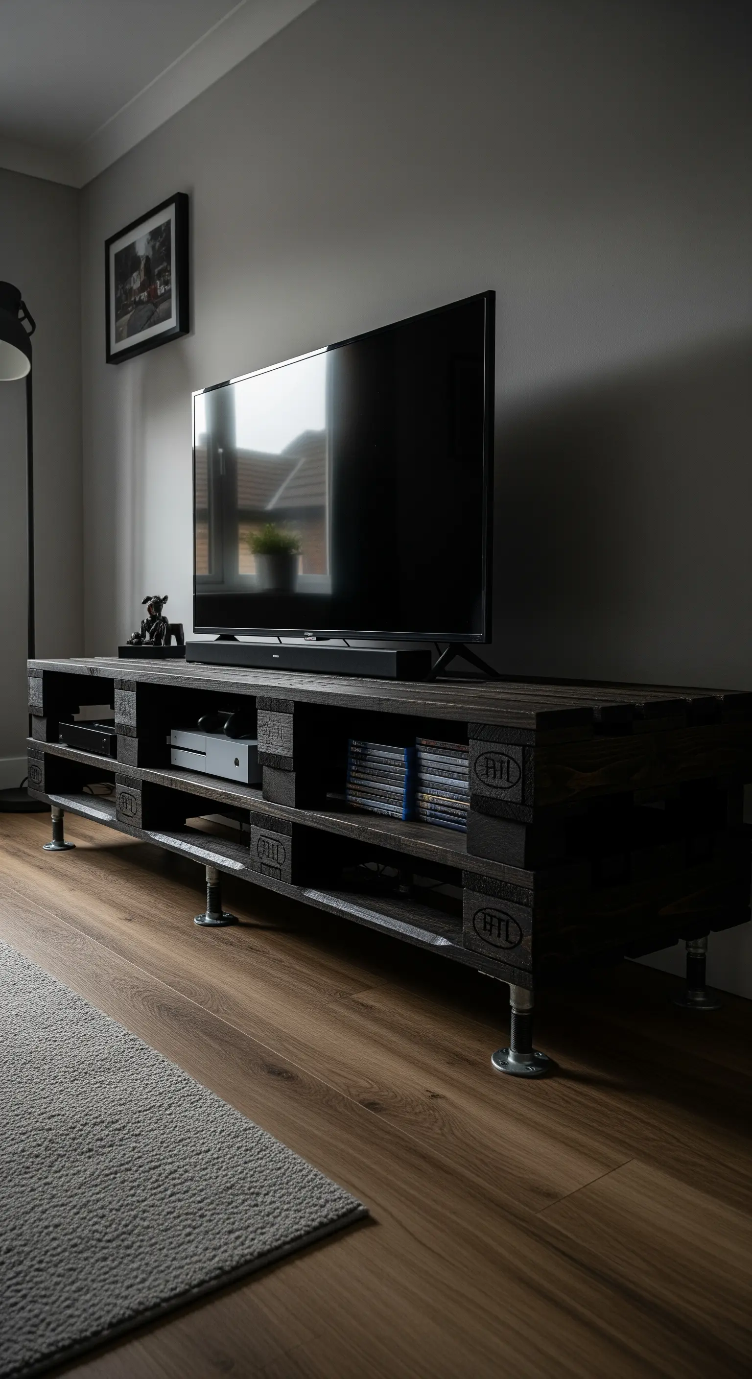 Mobile TV basso in pallet scuri con gambe in tubi d'acciaio industriali.