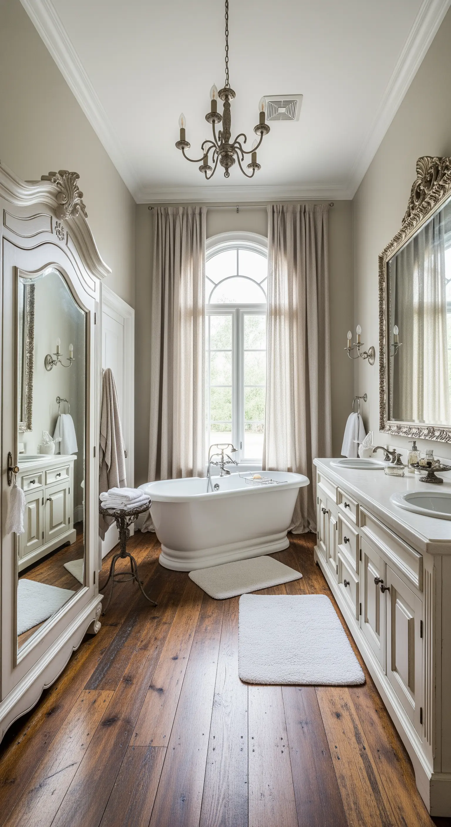 Bagno spazioso con armadio bianco, vasca freestanding, lampadario di cristallo e parquet.