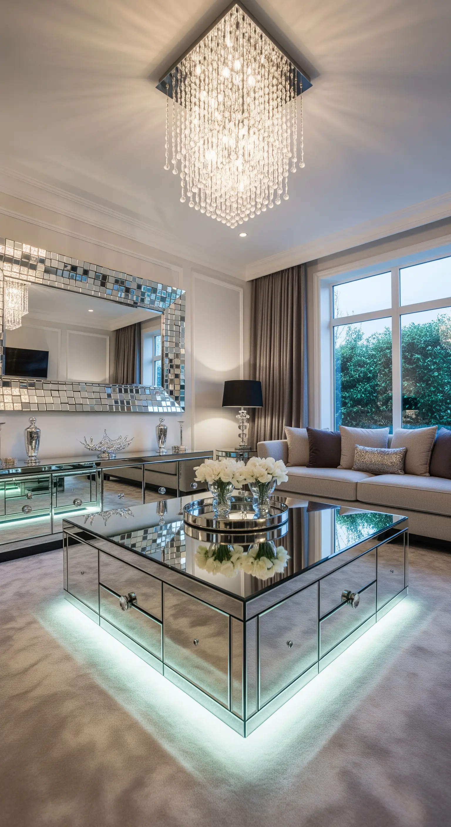 Tavolino da caffè quadrato e consolle specchiati in un salotto lussuoso con lampadario di cristallo.