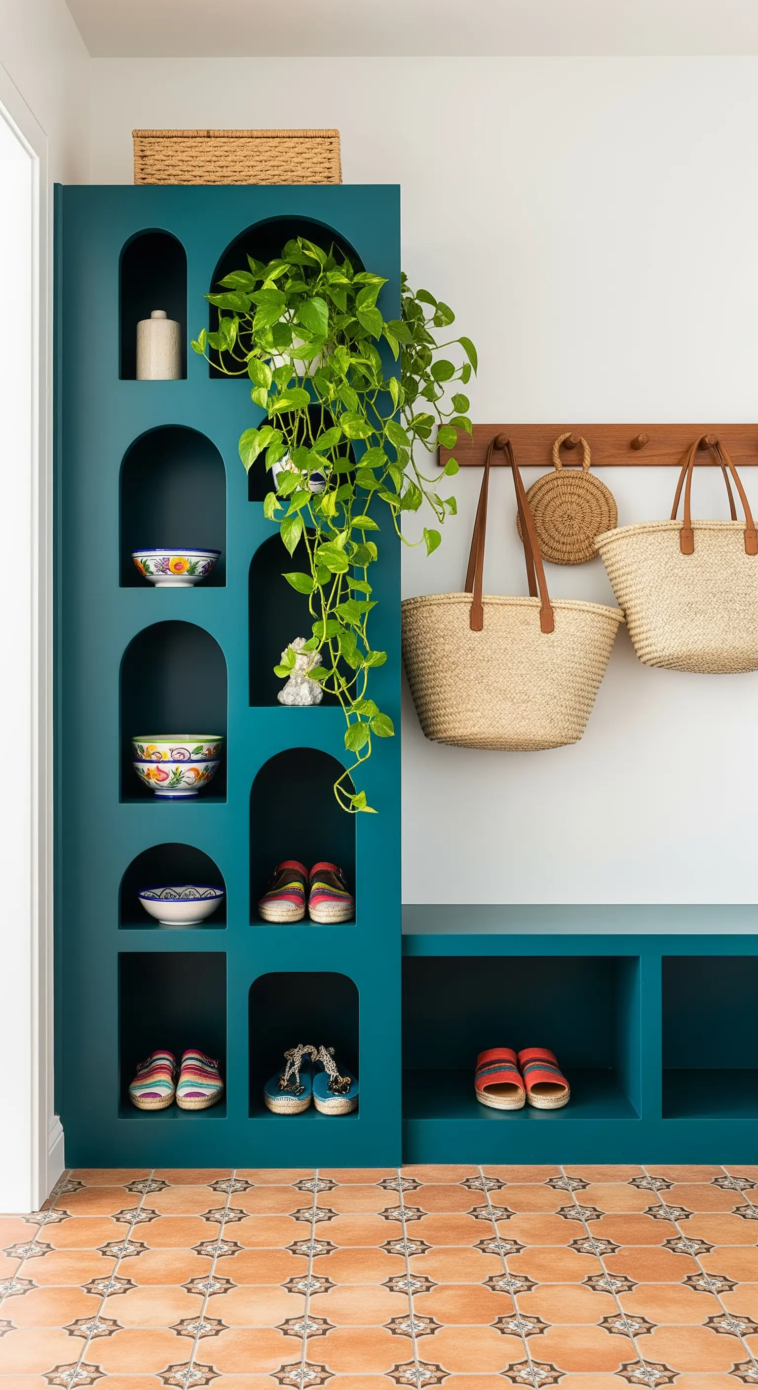 Libreria verticale color ottanio con nicchie ad arco per scarpe e oggetti decorativi.