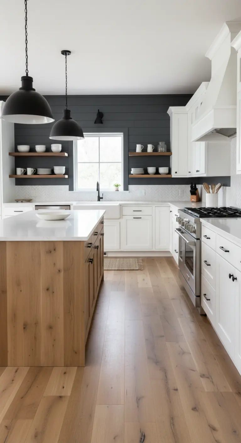 Cucina farmhouse con parete a listelli grigio scuro, mobili bianchi e isola in legno chiaro.