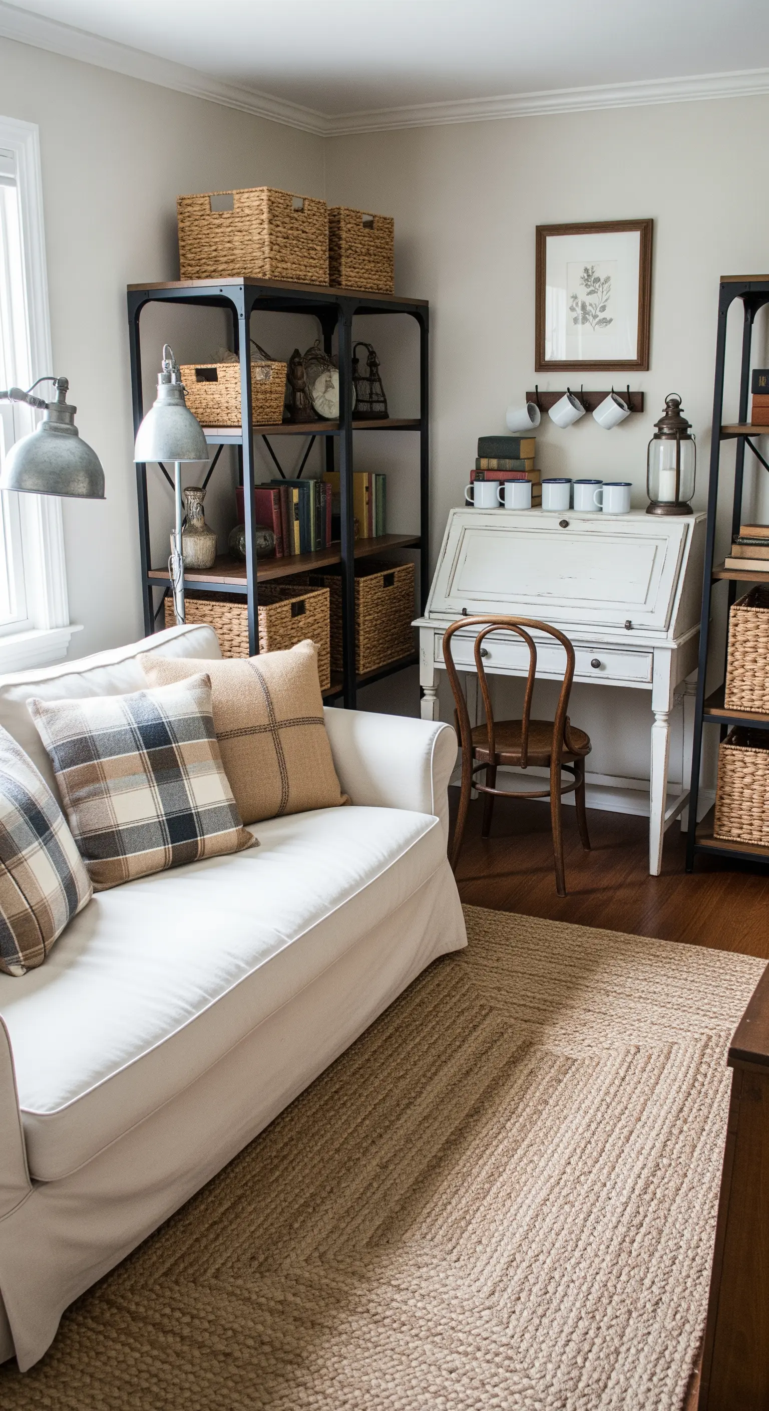 Salotto in stile farmhouse con divano bianco, cesti in vimini e scrivania decapata.