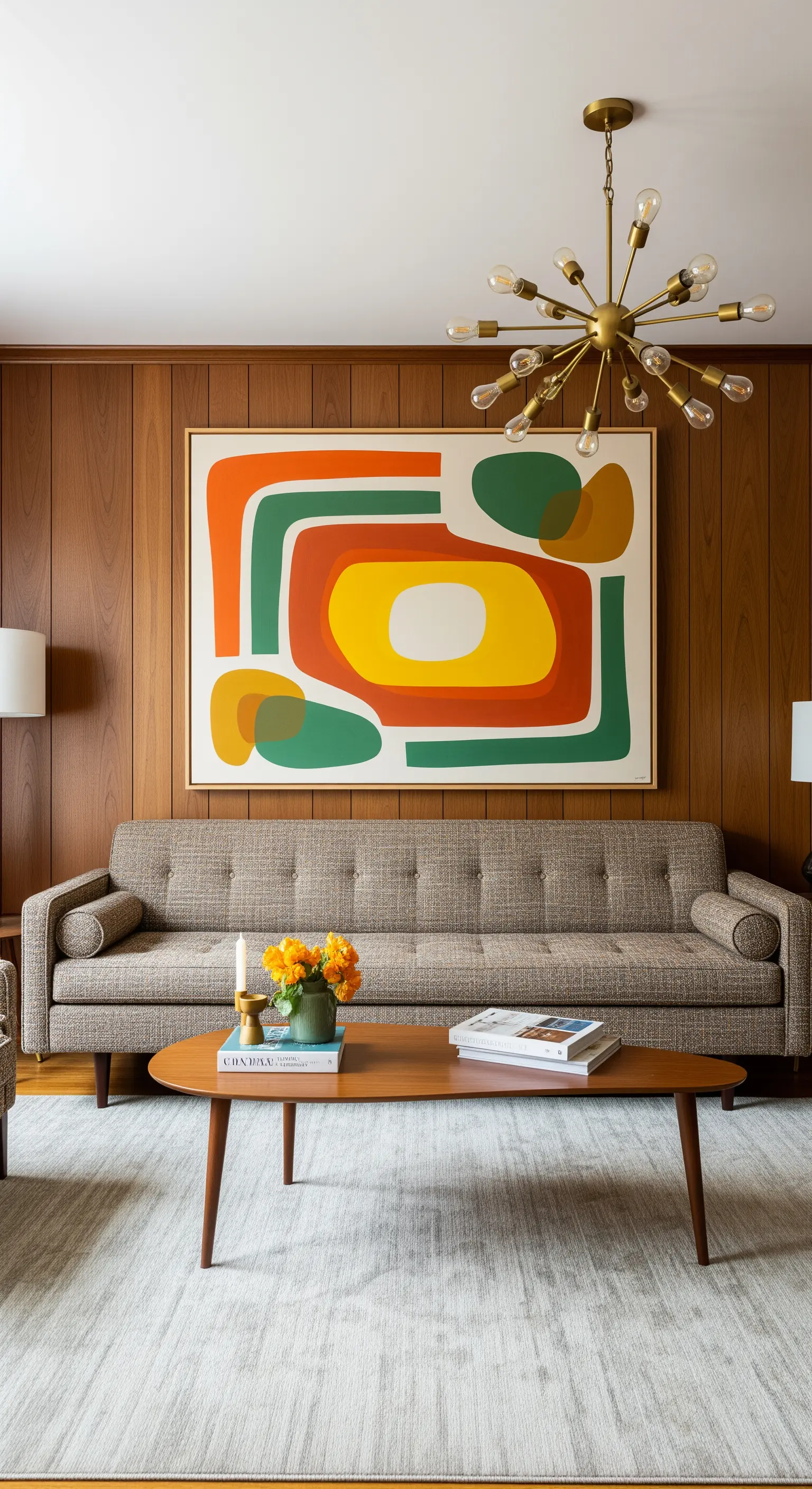 Soggiorno Mid-century con boiserie in legno e quadro astratto con forme geometriche colorate.