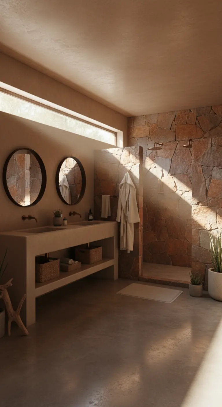 Bagno in stile desert modern con lavabo in cemento, parete in pietra e illuminazione naturale dall'alto.
