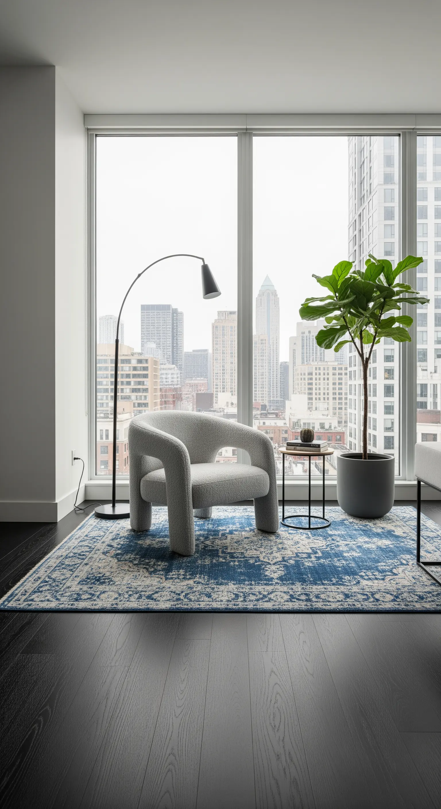 Poltrona moderna in bouclé davanti a una grande finestra con vista sulla città e tappeto blu.