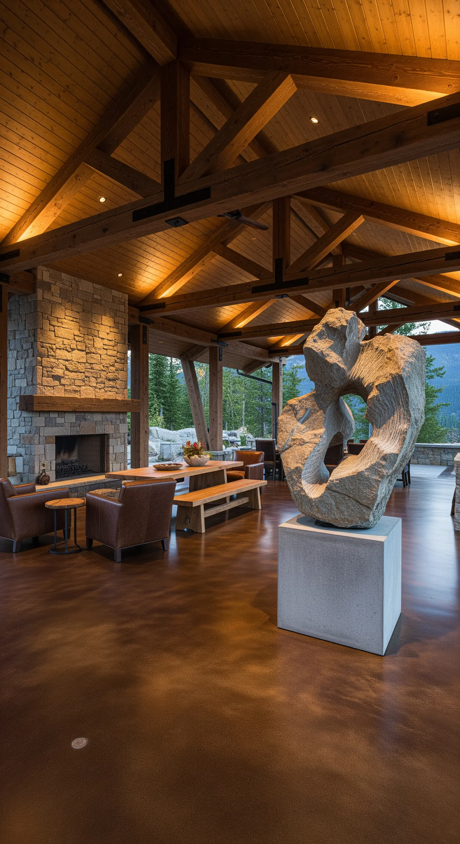Portico rustico con travi in legno, camino in pietra e una scultura in roccia grezza.
