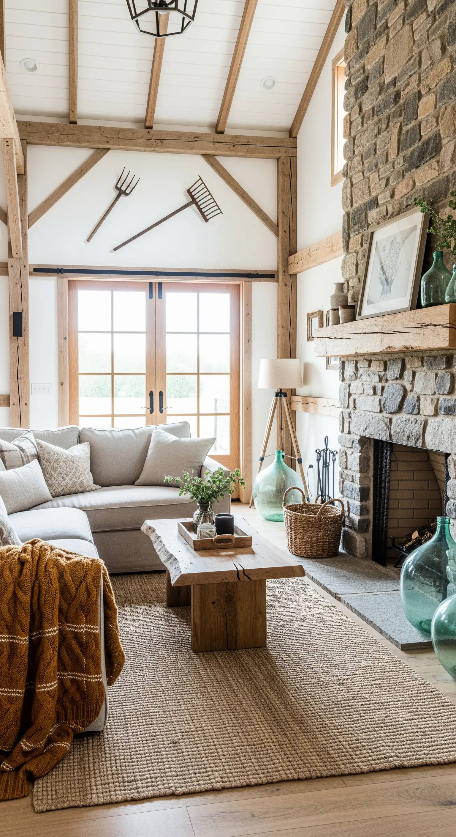 Soggiorno luminoso con travi a vista, camino in pietra e tappeto in juta