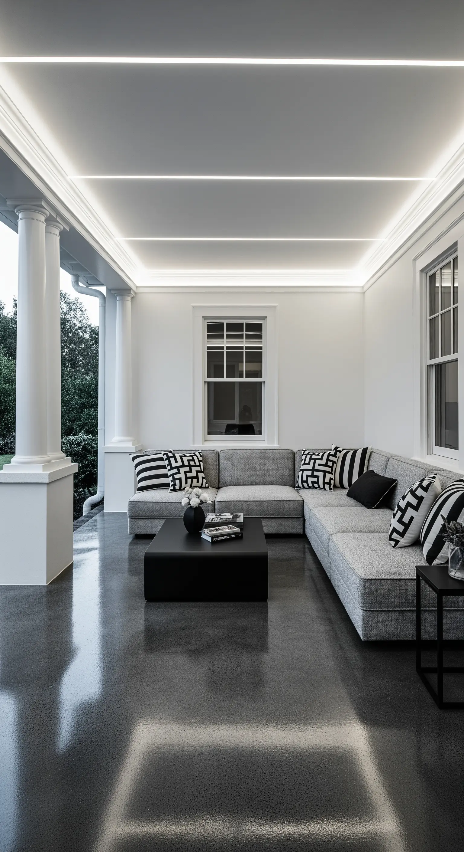 Portico classico bianco con pavimento scuro lucido, divano grigio e illuminazione LED a soffitto