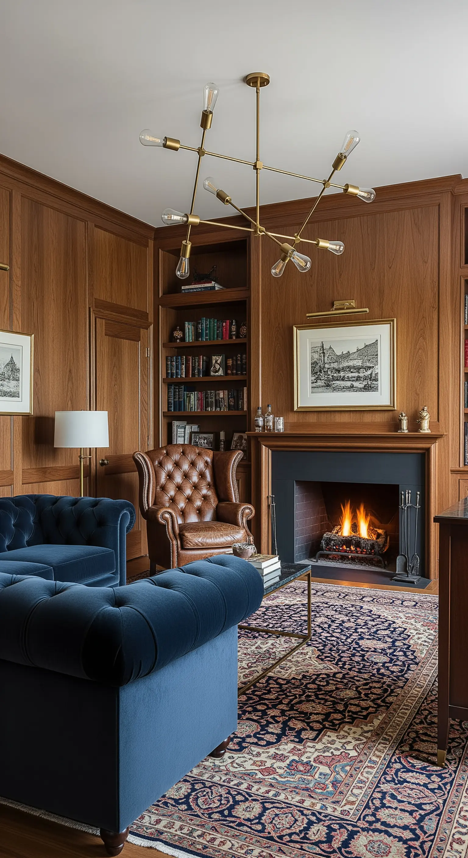 Studio classico con boiserie in legno, divano in velluto blu e camino acceso.