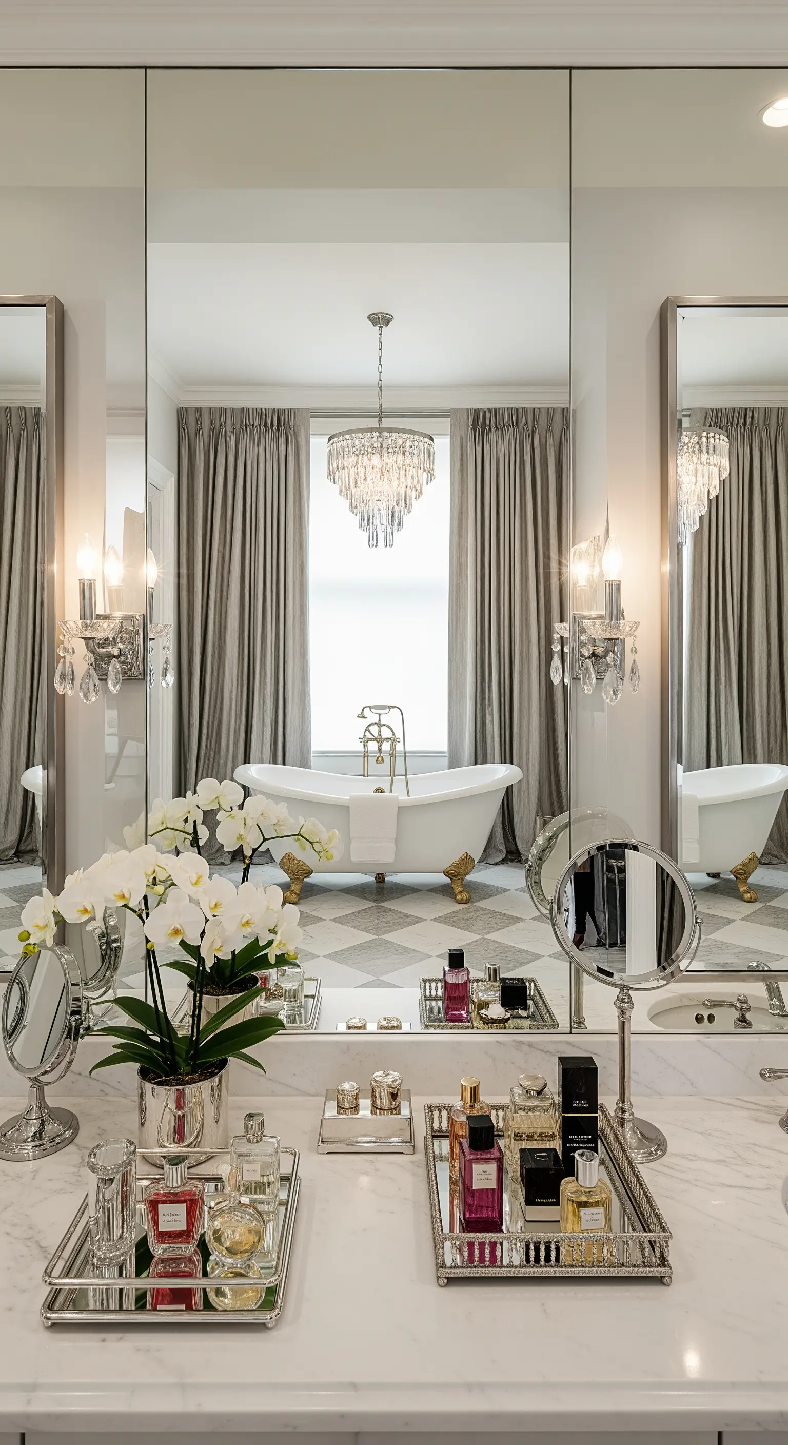 Elegante bagno con vasca freestanding, armadi a specchio e un lampadario di cristallo riflesso.