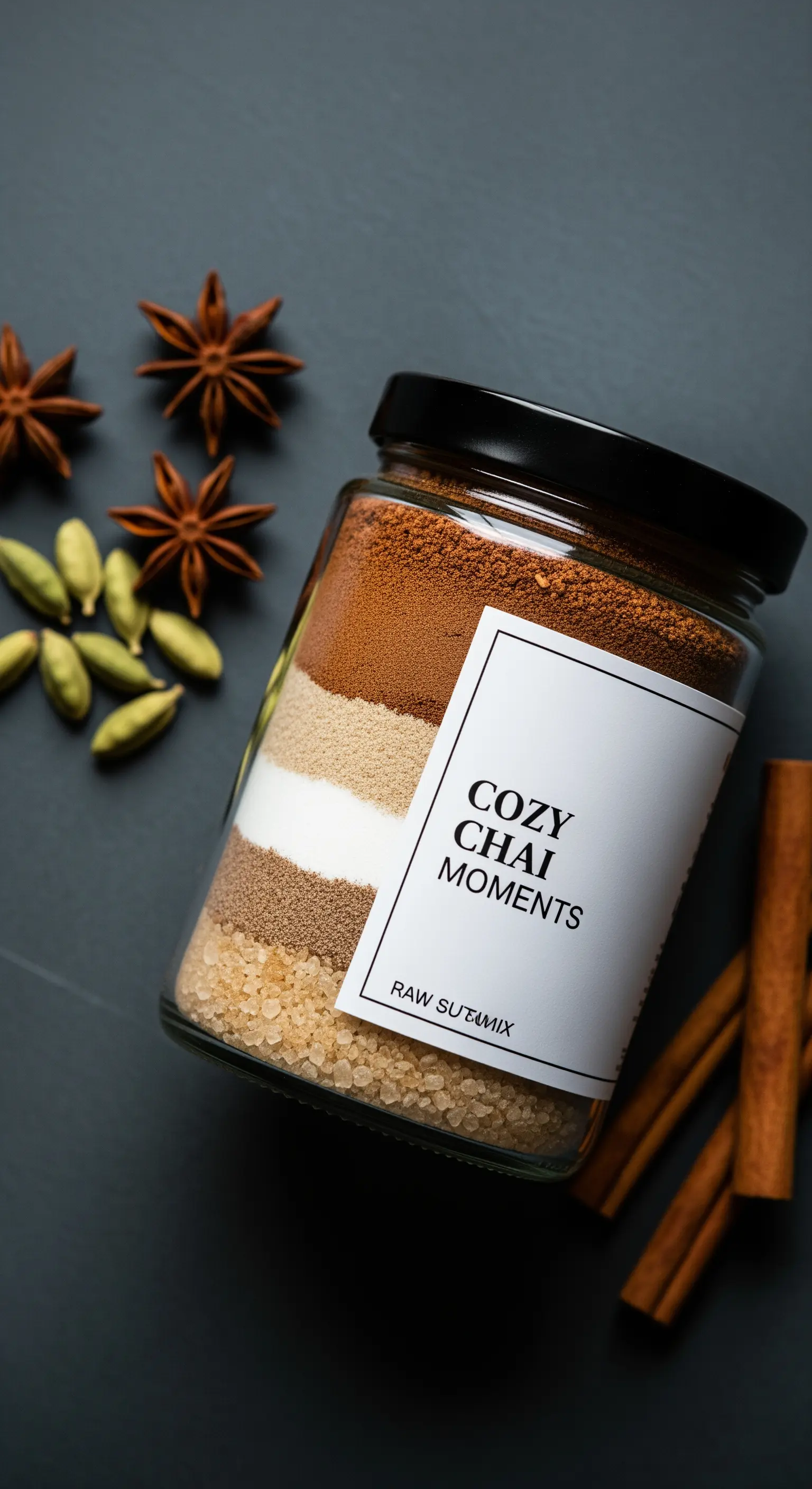 Preparato per tè chai in barattolo con etichetta moderna su sfondo grigio scuro.