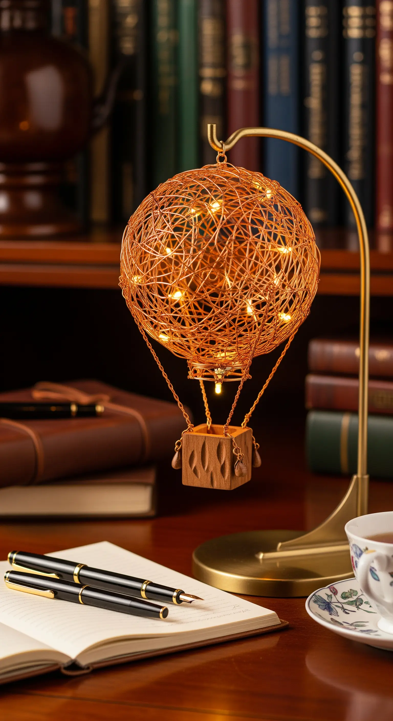 Scultura luminosa a forma di mongolfiera in filo di rame appesa a un supporto dorato.