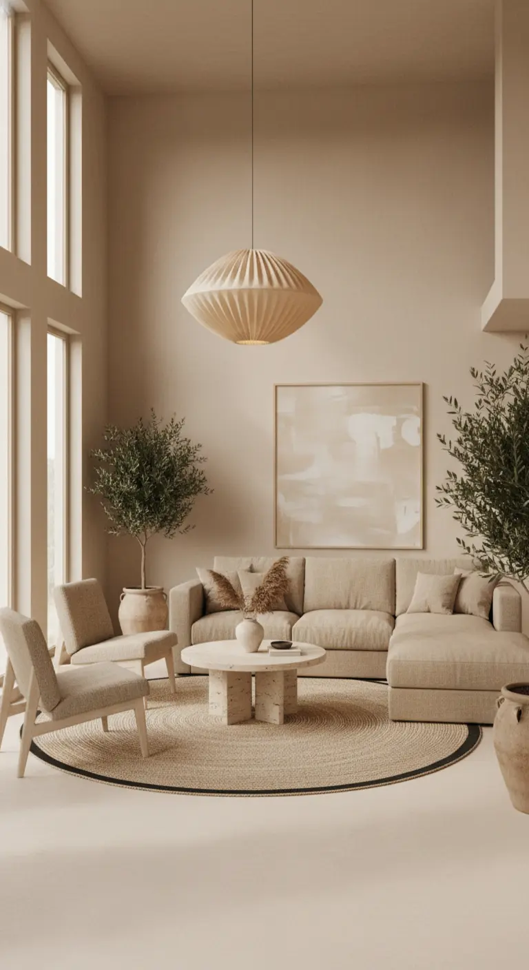 Salotto beige con divano, tappeto rotondo in juta e piante verdi.