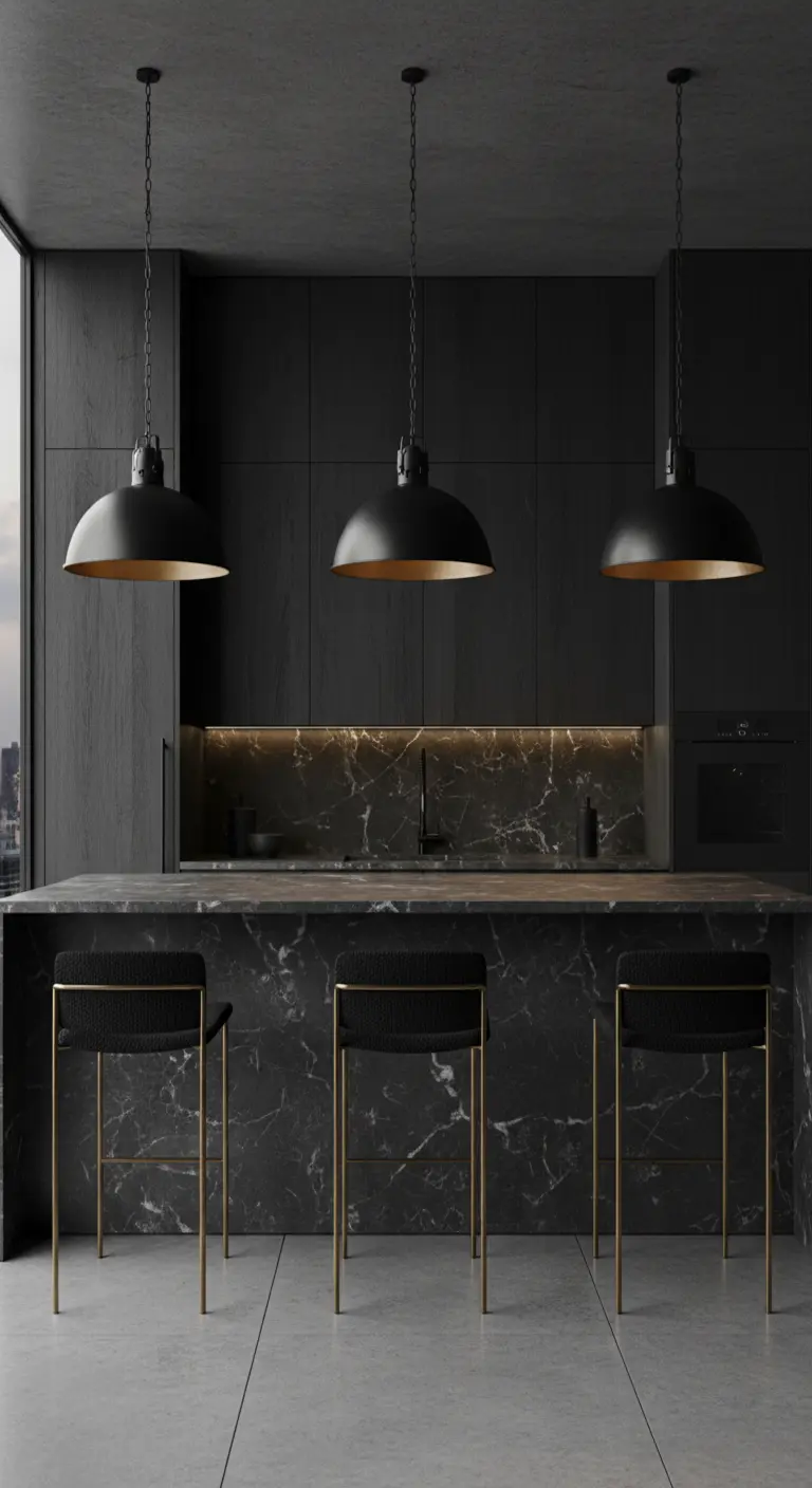 Cucina total black con tre grandi lampade a sospensione nere e oro sopra l'isola in marmo.