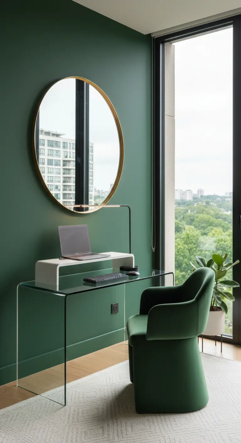 Angolo studio con parete verde, scrivania in vetro e sedia in velluto coordinata.