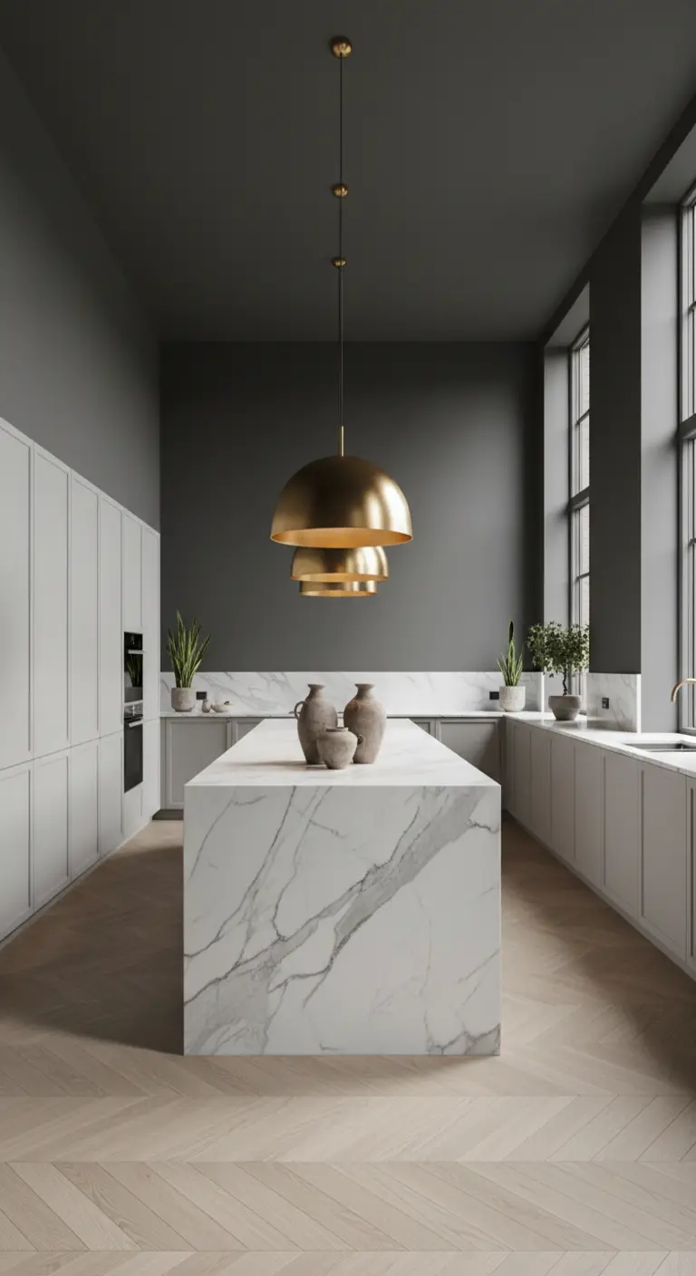 Cucina minimale con pareti grigio scuro, isola in marmo bianco e lampade a sospensione dorate.