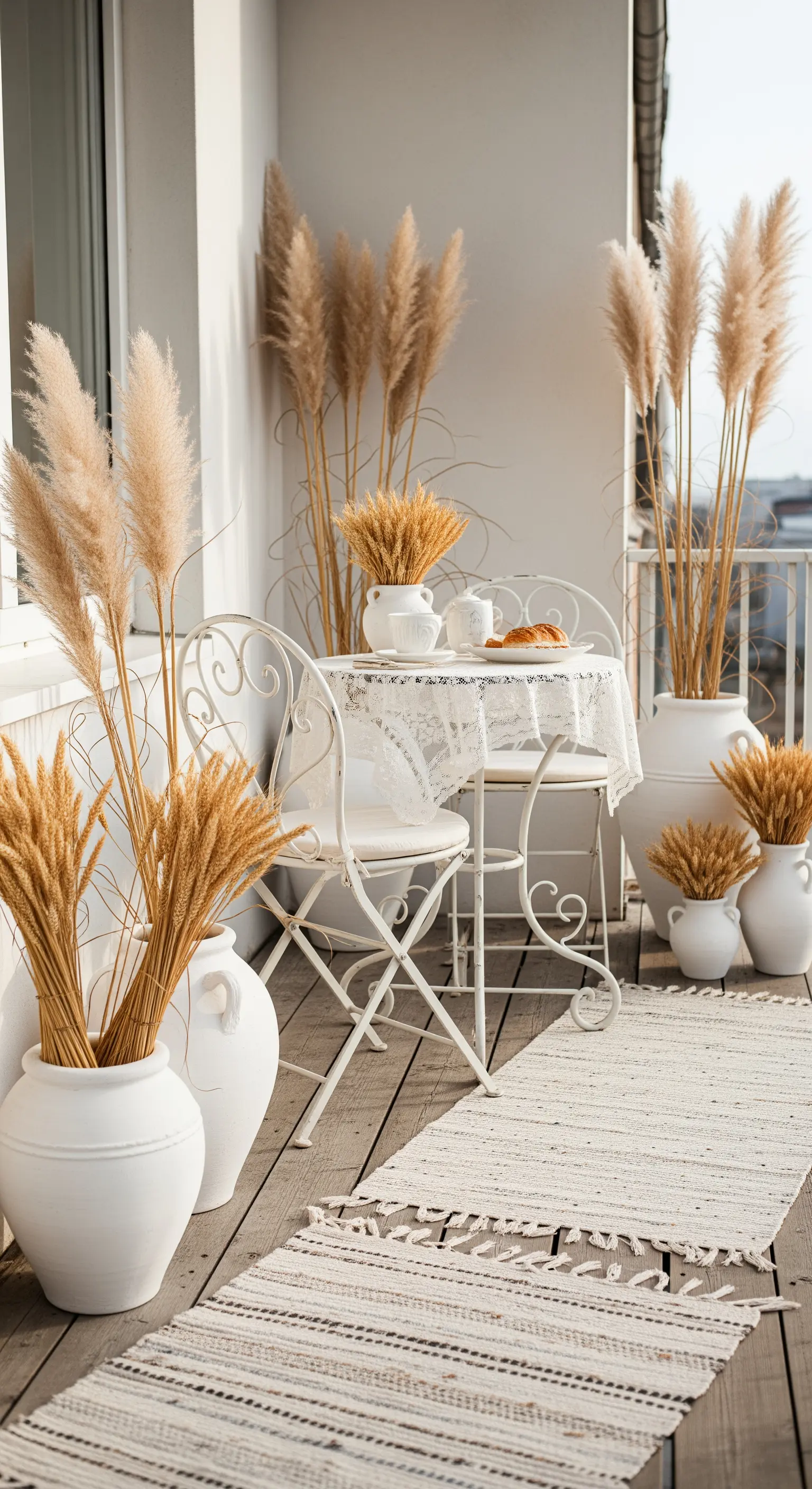 Balcone shabby chic con tavolino e sedie bianche circondato da vasi bianchi con pampas.
