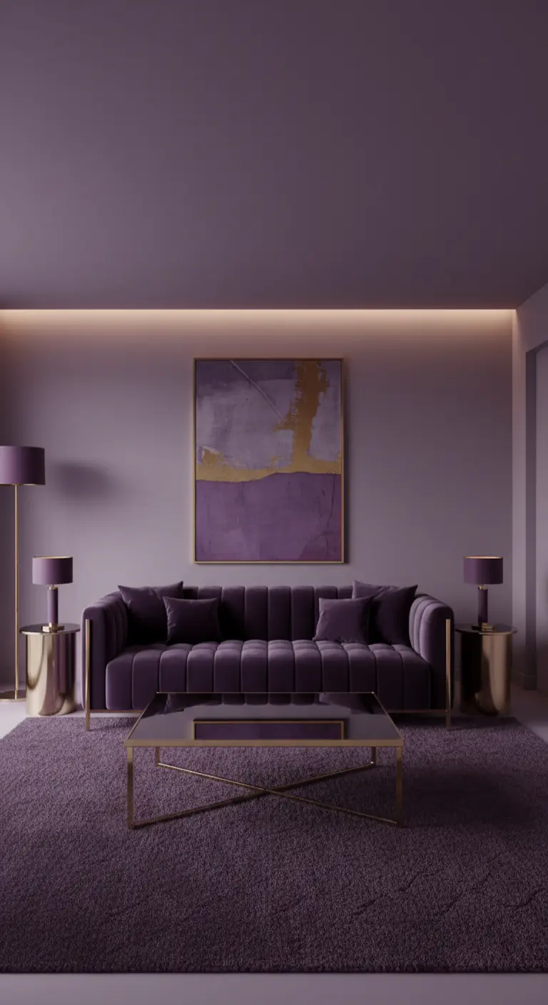 Salotto monocromatico color malva con divano in velluto e dettagli dorati.