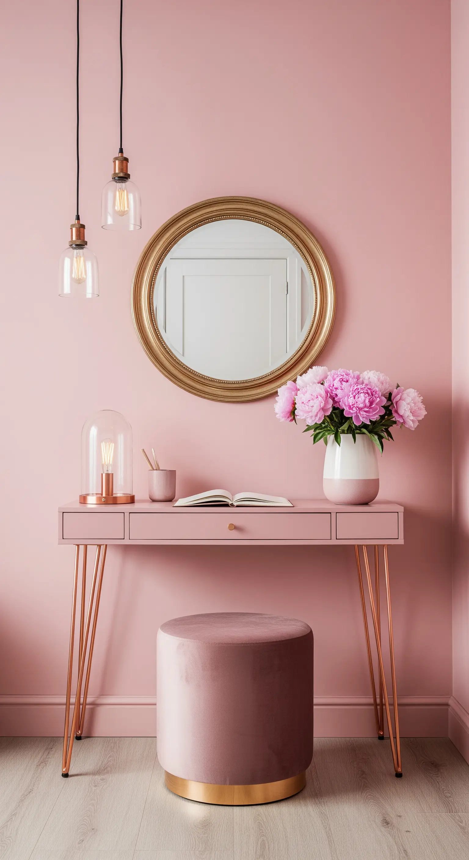 Angolo toeletta rosa con gambe e base in oro rosa e lampade in rame.