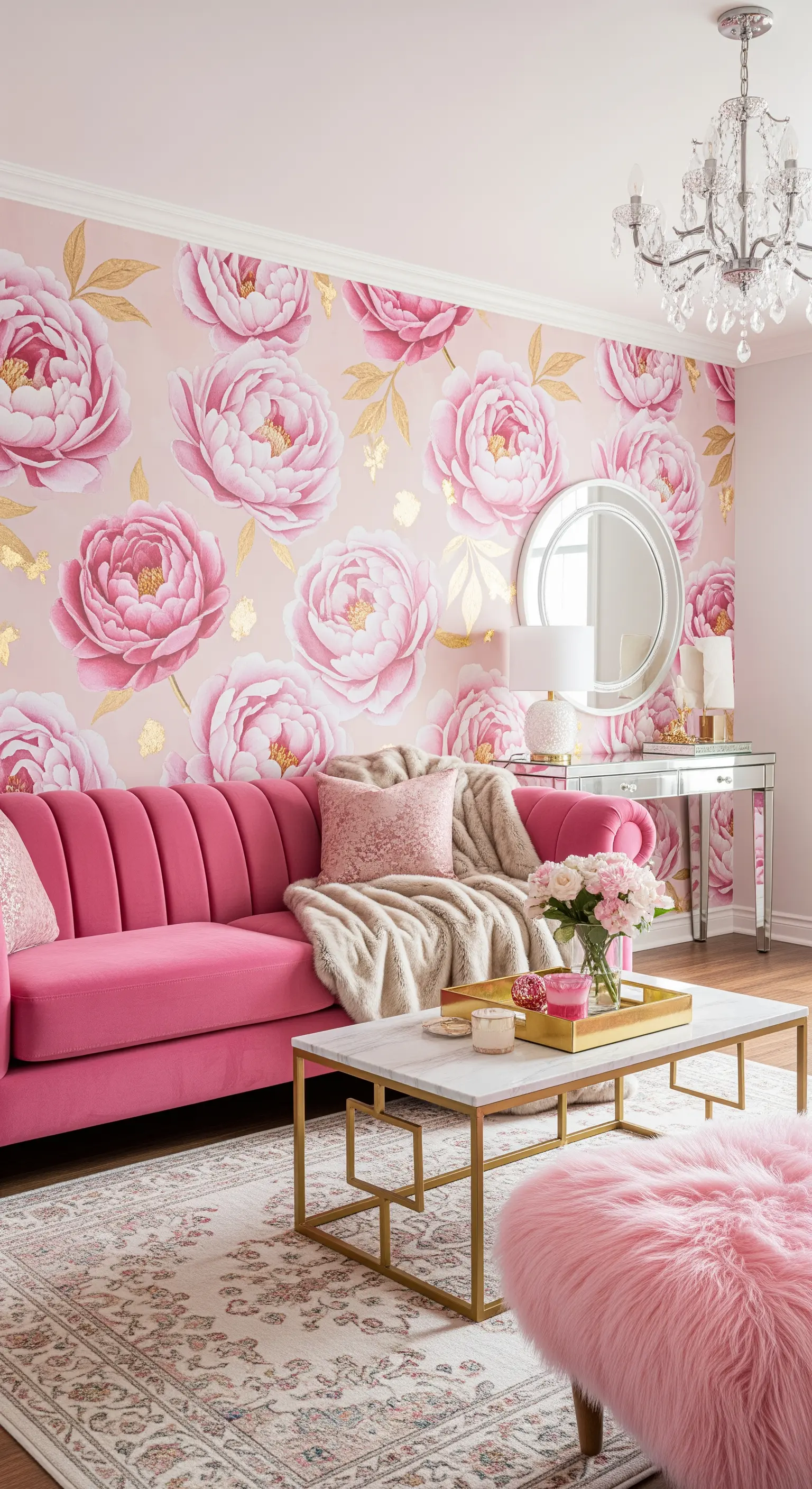 Salotto rosa con carta da parati a peonie, divano in velluto rosa e dettagli dorati.