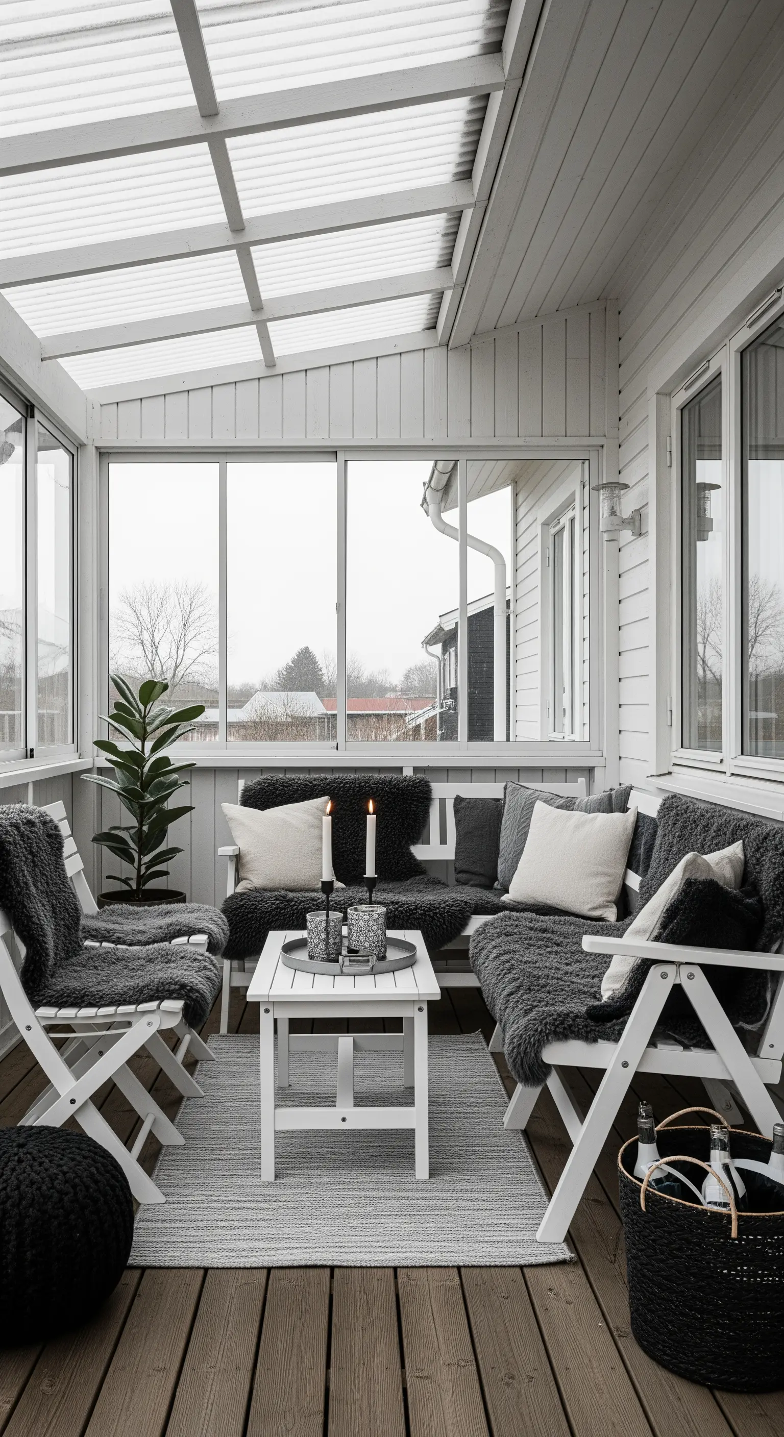 Veranda scandinava con arredi bianchi, coperte e cuscini in pelliccia sintetica grigia.