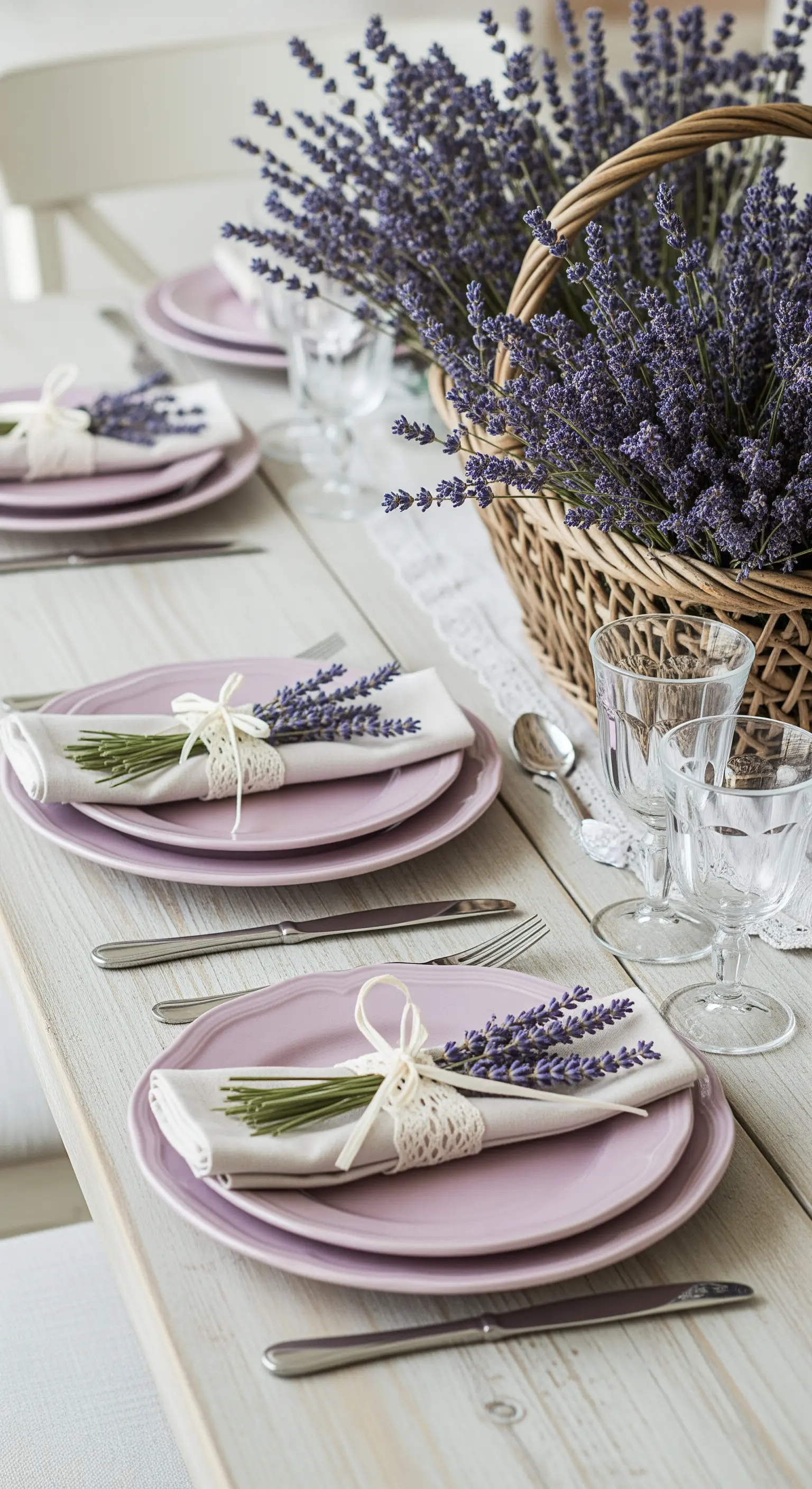 Tavola a tema lavanda con piatti viola, tovaglioli con mazzetti di lavanda e un cesto centrale