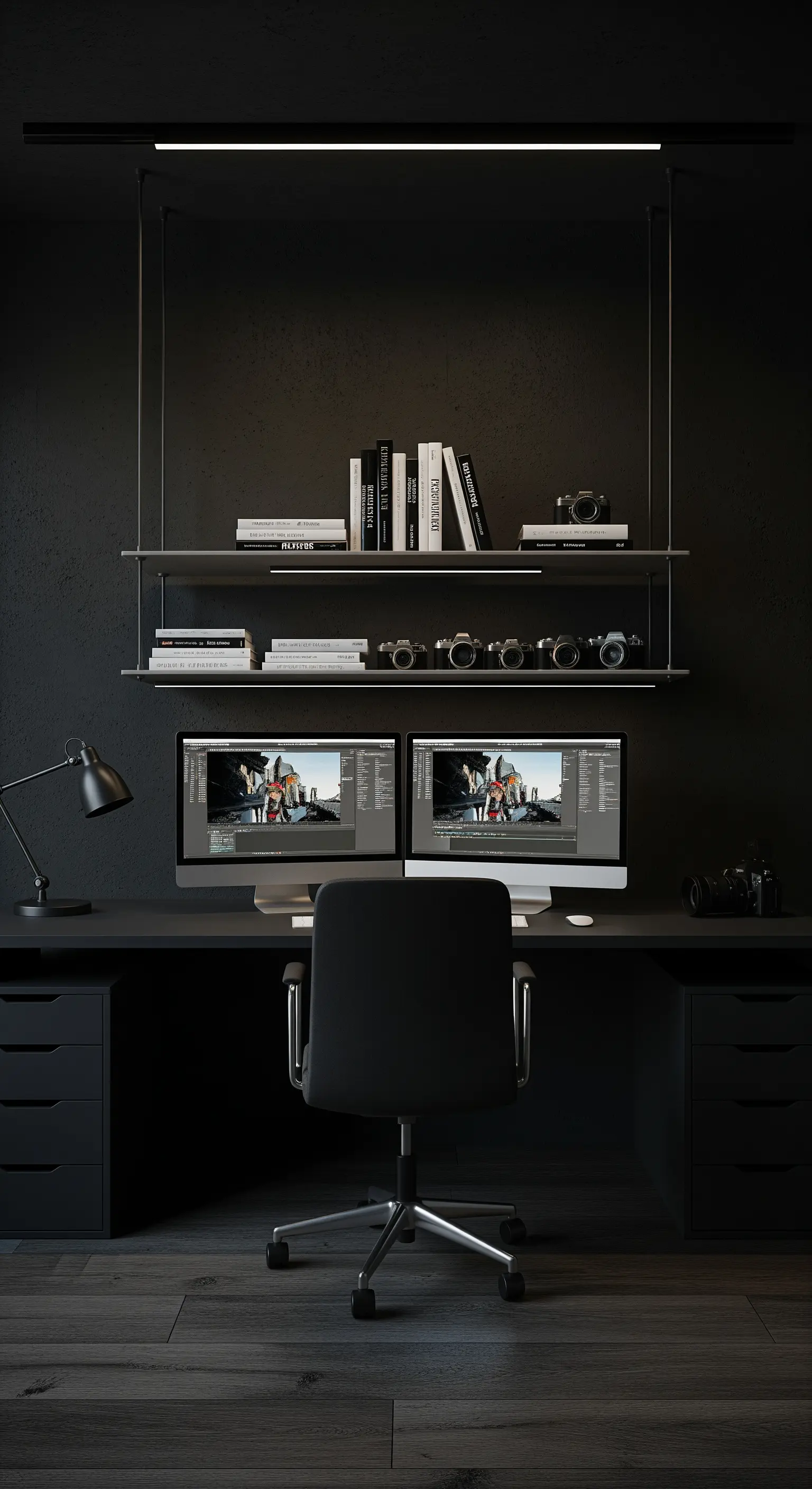 Studio total black con doppia postazione, mensole sospese e lampada da tavolo.