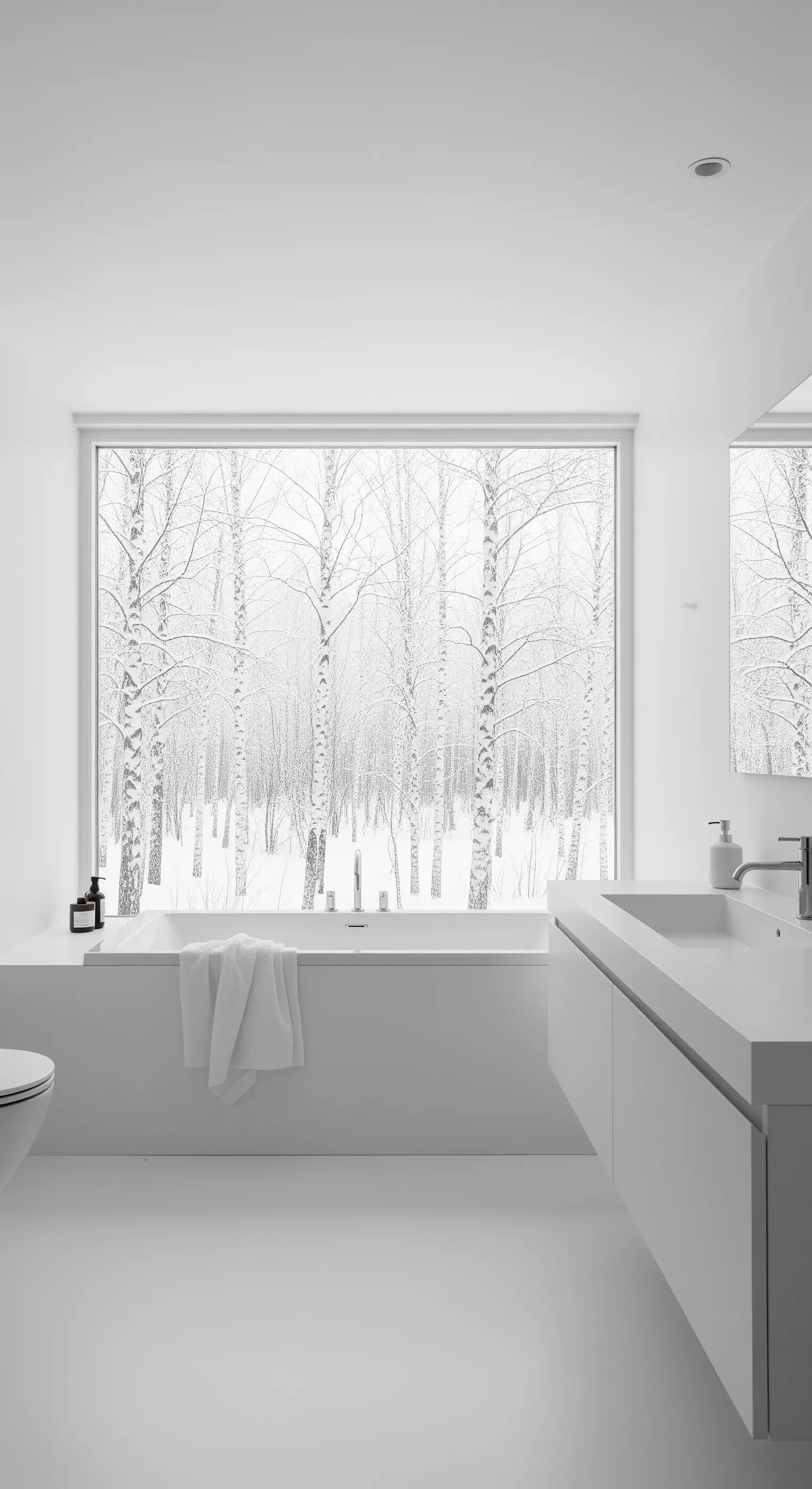 Bagno completamente bianco con una grande finestra che si affaccia su una foresta innevata.