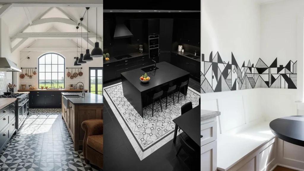 Tre cucine moderne in bianco e nero con audaci pattern geometrici su pavimenti e pareti, perfette per un design deciso.
