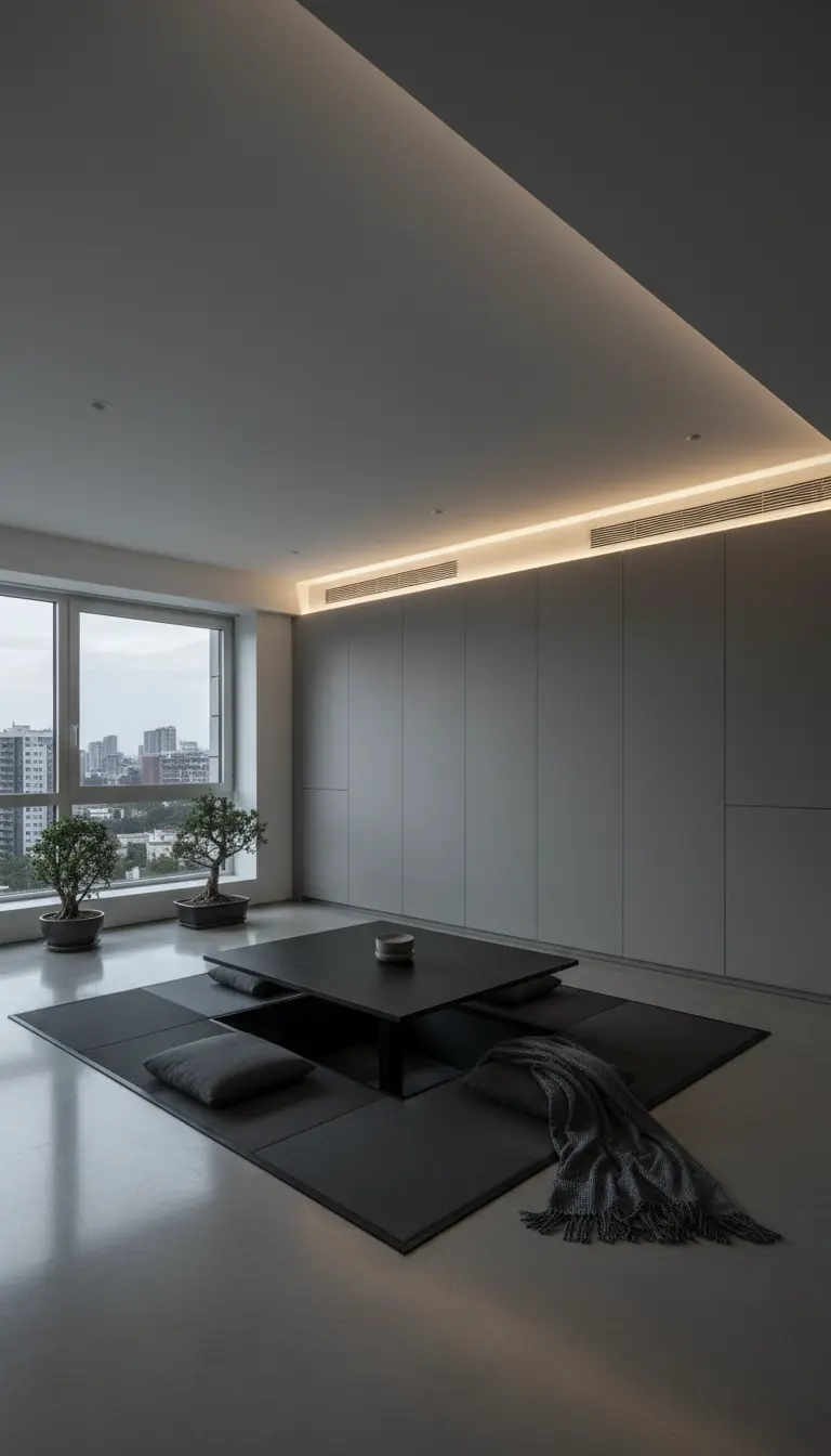 Salotto zen minimalista e monocromatico con illuminazione integrata e tavolo incassato.