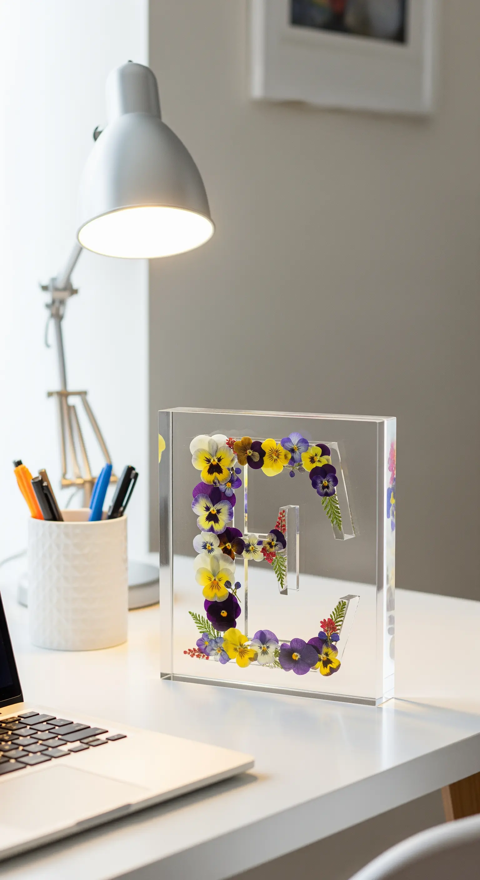 Lettera 'E' in resina trasparente con viole del pensiero colorate all'interno.