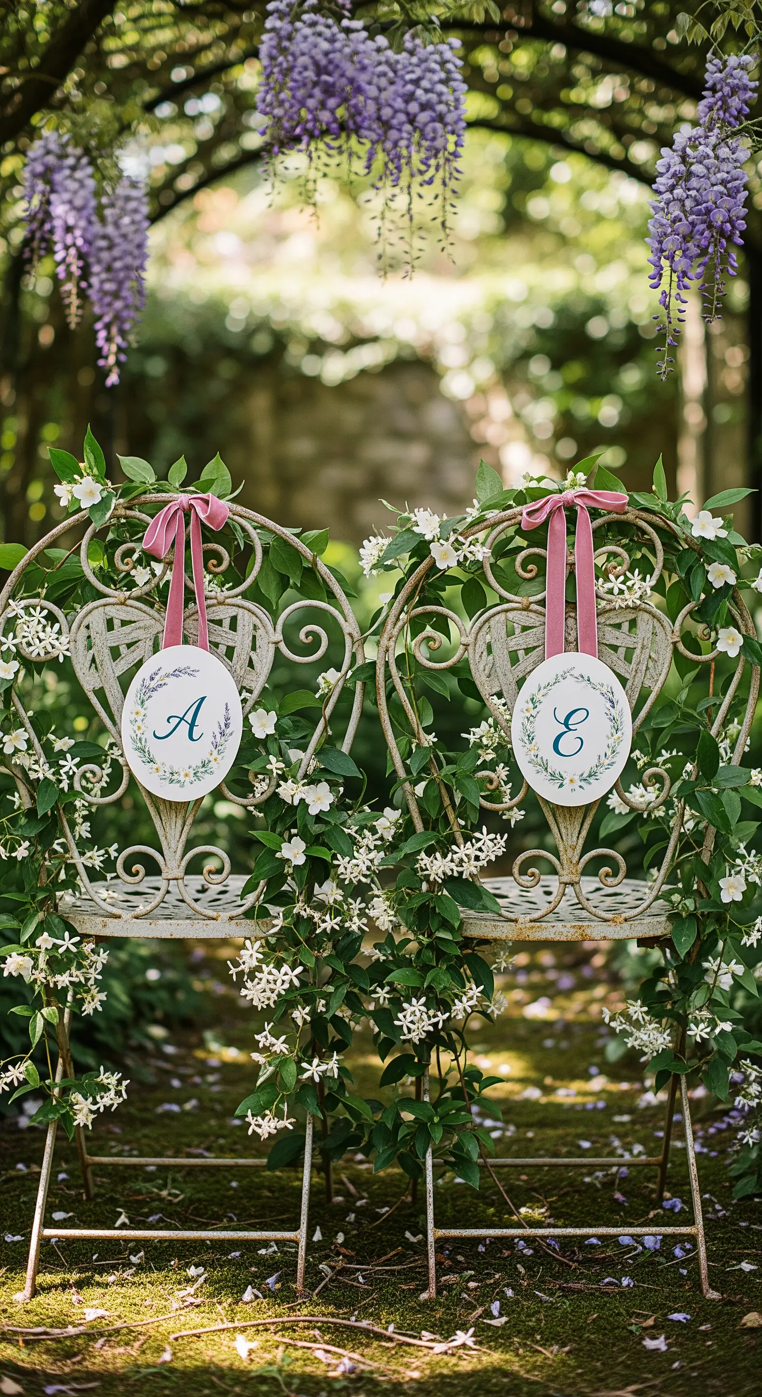 Sedie vintage in ferro battuto avvolte nel gelsomino, con medaglioni con le iniziali degli sposi.