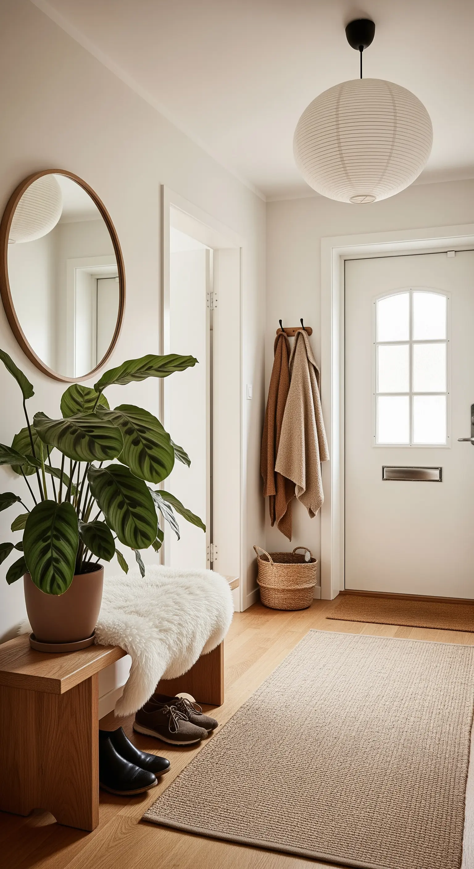 Ingresso scandinavo con panca in legno e pelle di pecora, lampada in carta di riso.