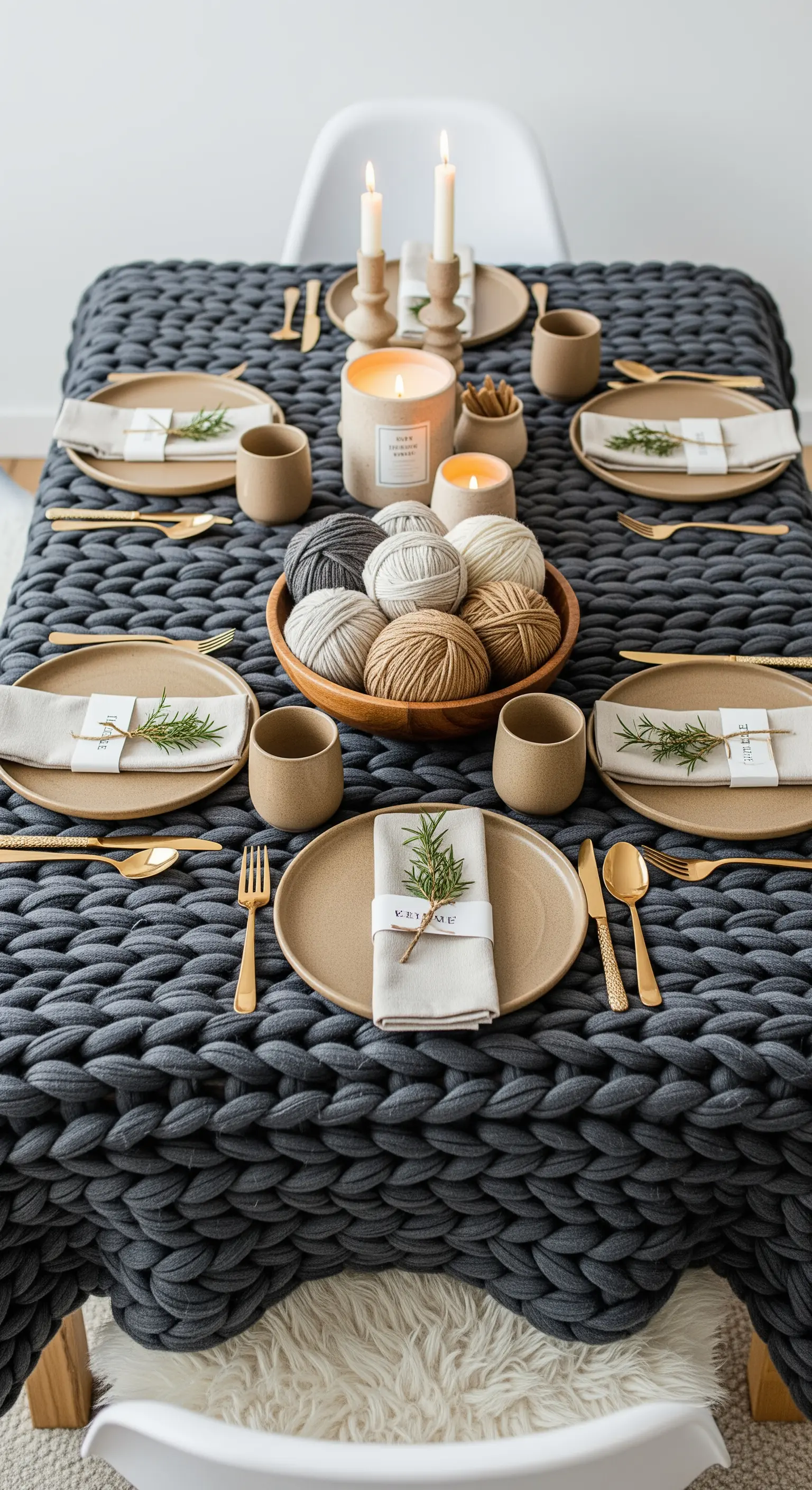 Tavola apparecchiata su una coperta di lana a maglia grossa con un centrotavola di gomitoli.