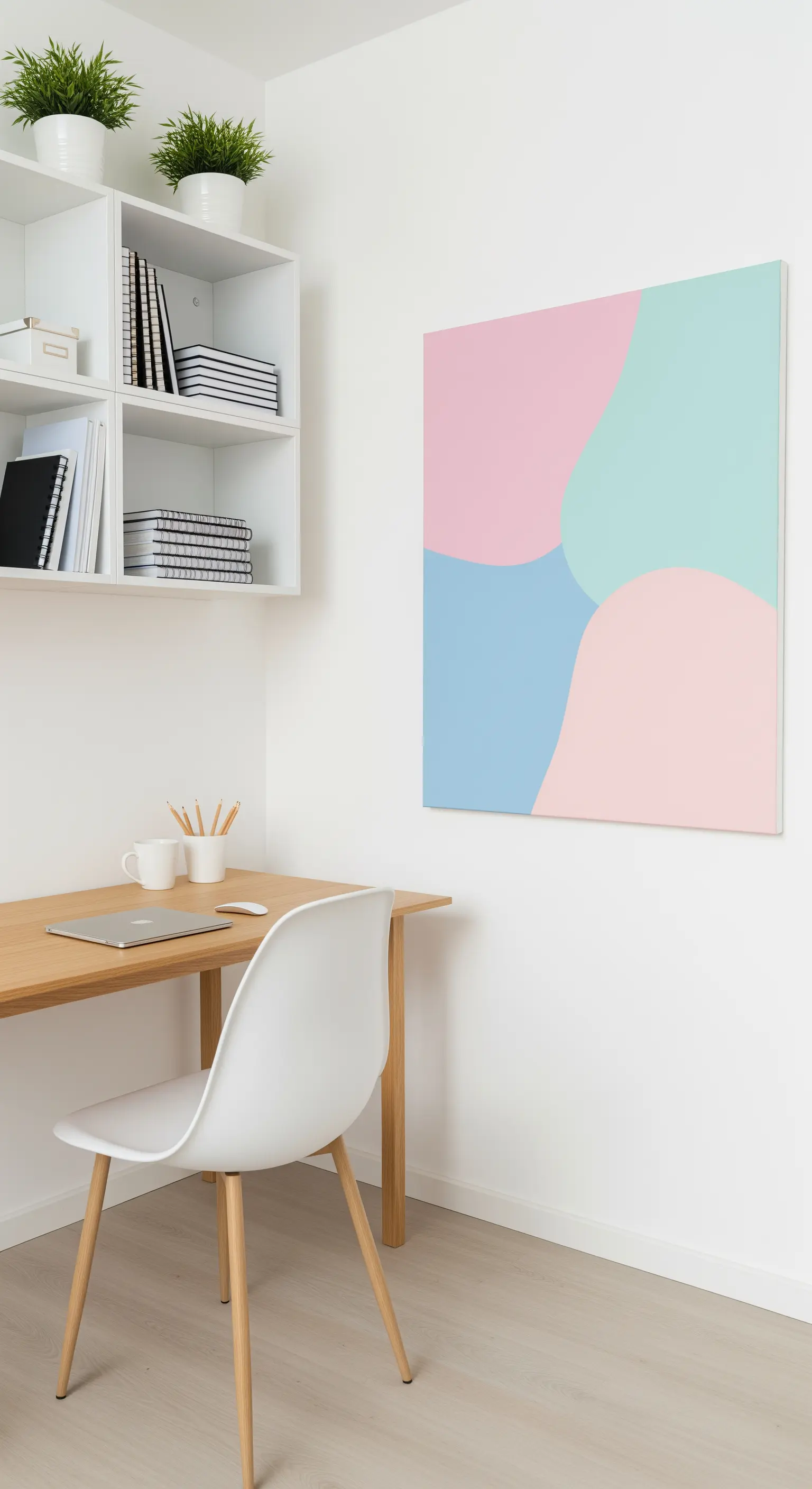 Angolo studio minimalista con scrivania in legno, mensole bianche e quadro astratto pastello.