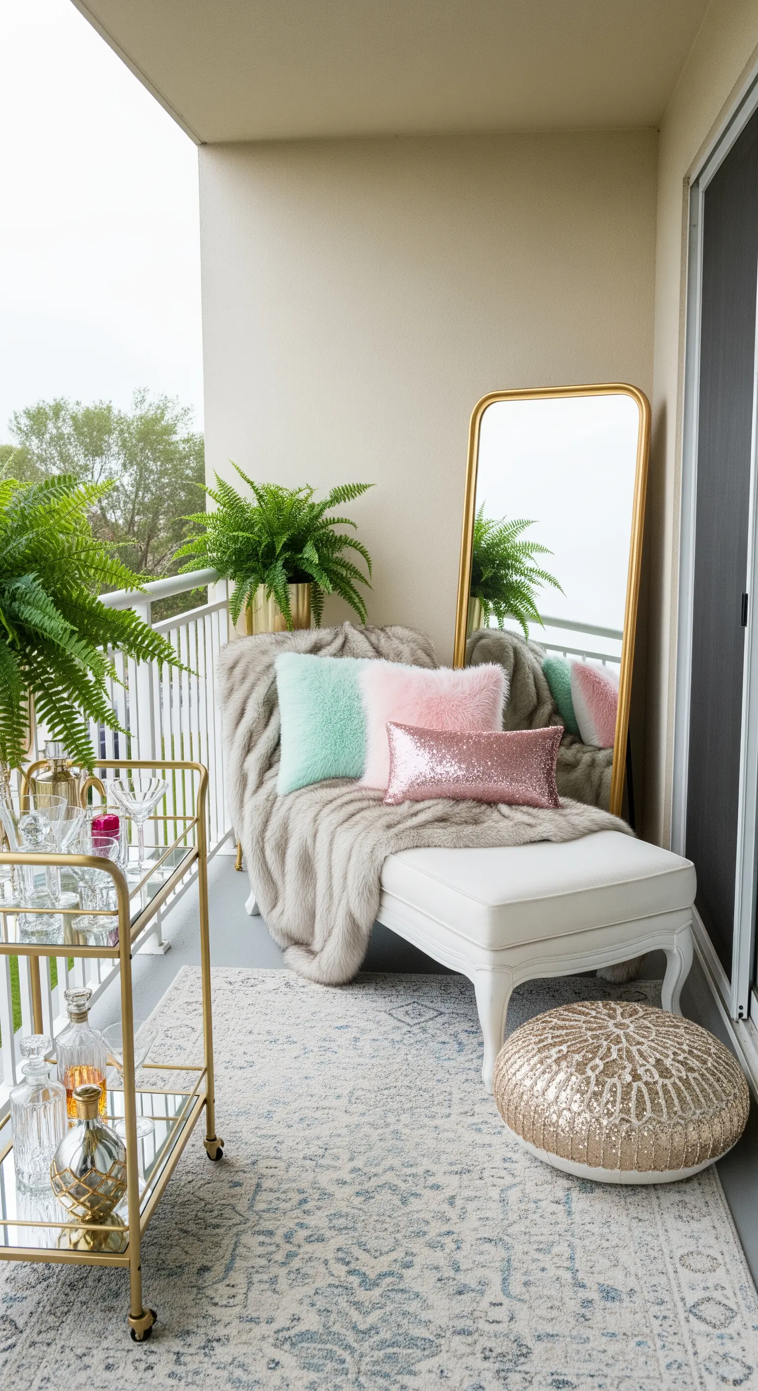 Chaise longue bianca con coperta in ecopelliccia, cuscini rosa e pouf di paillettes.