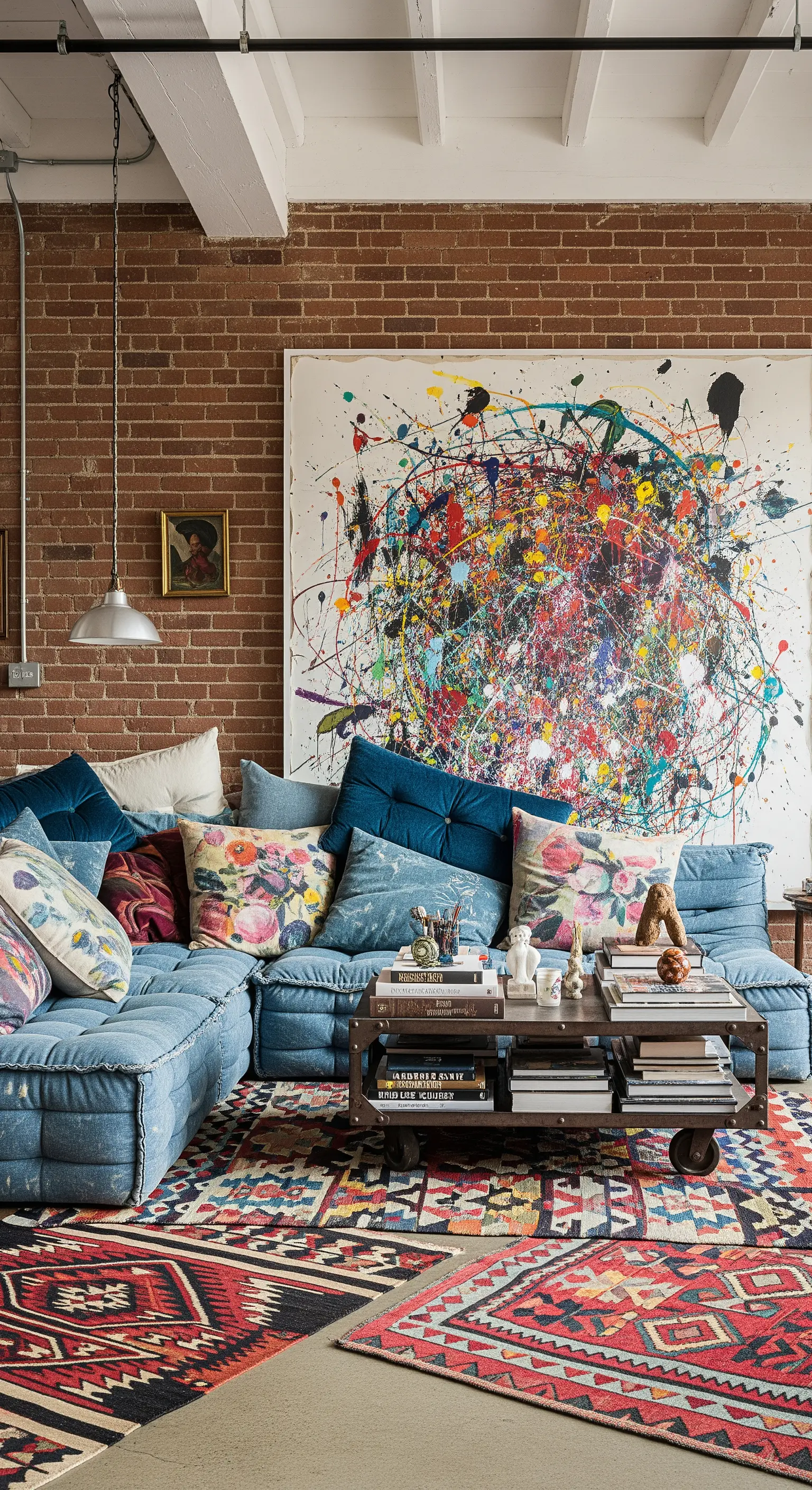 Salotto industriale con parete in mattoni, divano blu e tappeto kilim colorato.