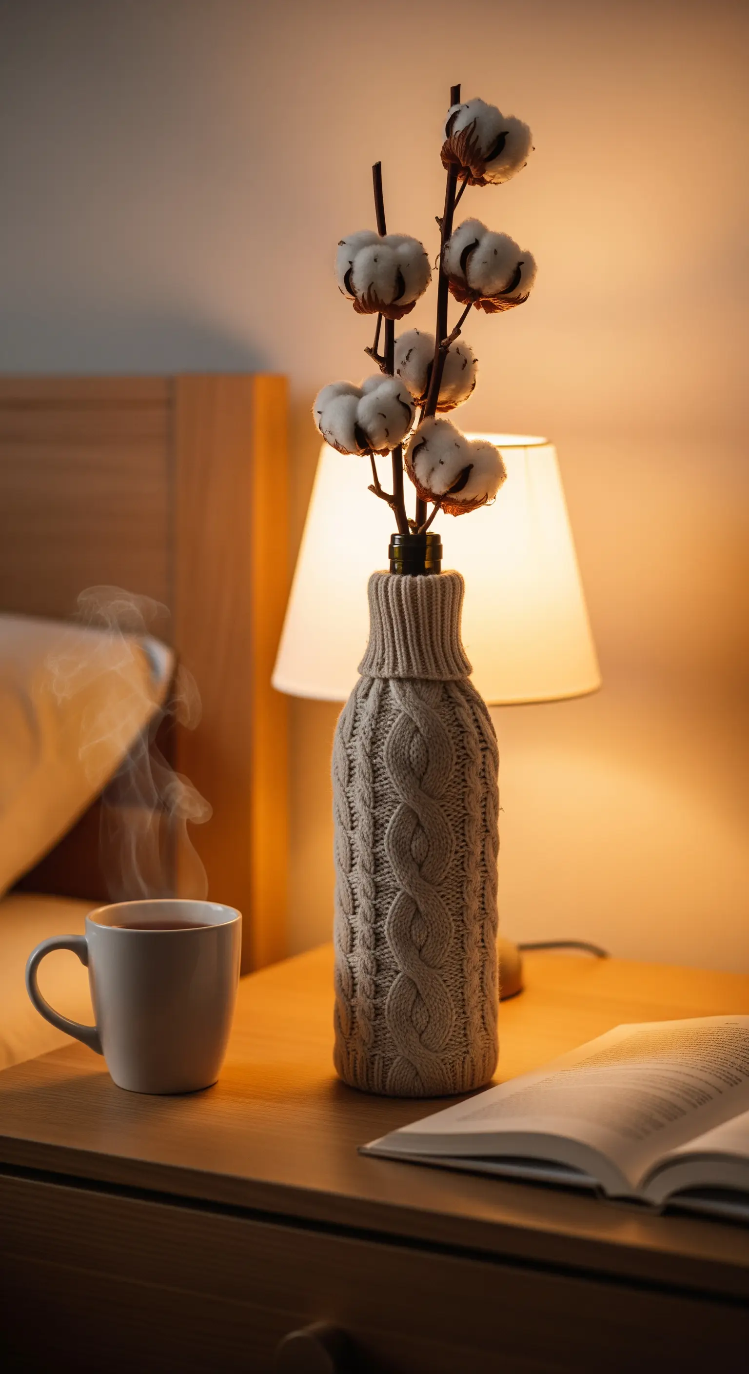 Bottiglia di vino inserita nella manica di un maglione a trecce color crema.