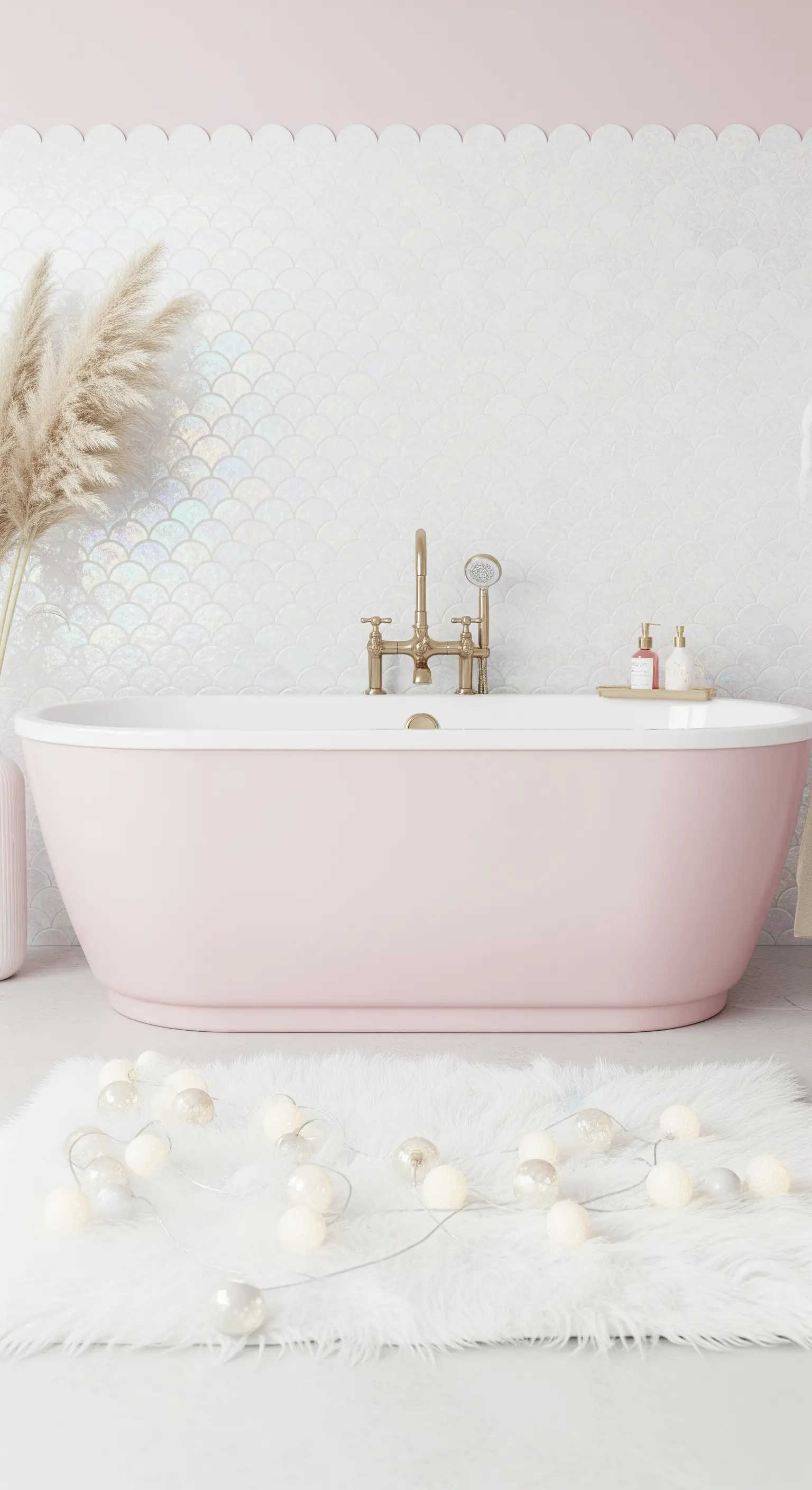 Vasca rosa con piastrelle a scaglie iridescenti e una ghirlanda di luci a globo su un tappeto bianco.