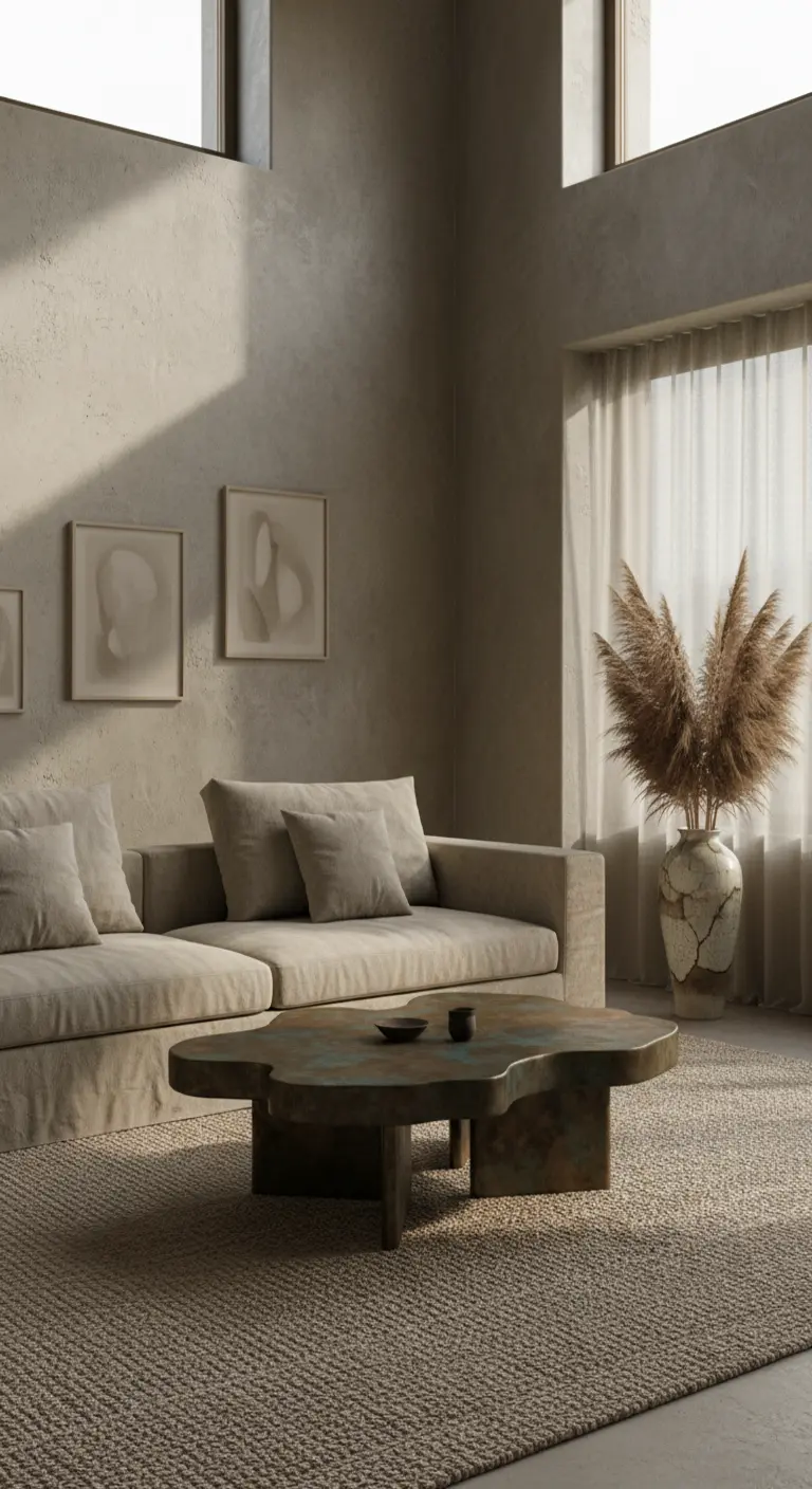 Divano beige, tavolino in metallo organico e parete effetto cemento in toni caldi.