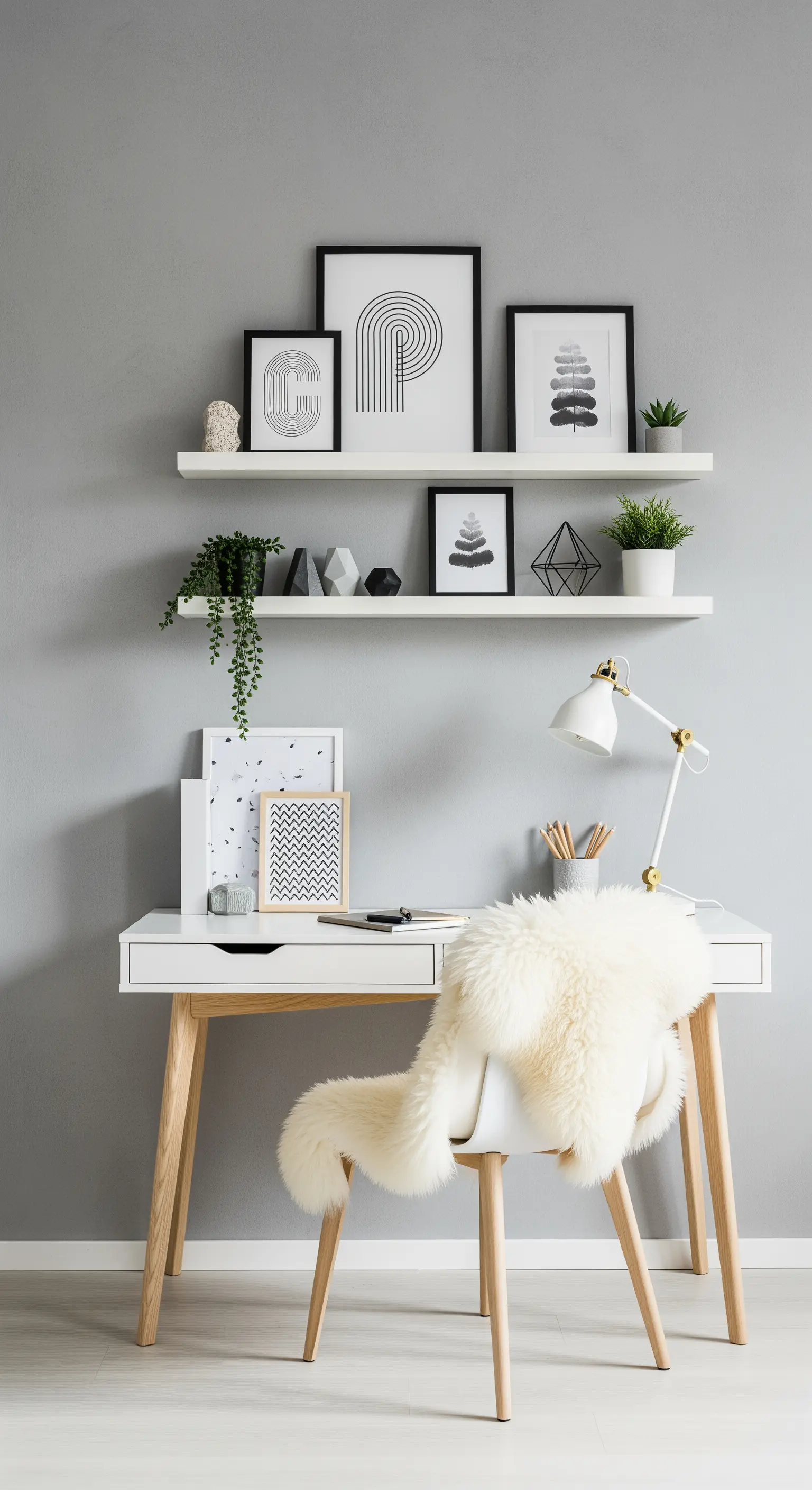 Scrivania bianca in stile scandinavo con mensole a muro e una pelle di pecora sulla sedia.