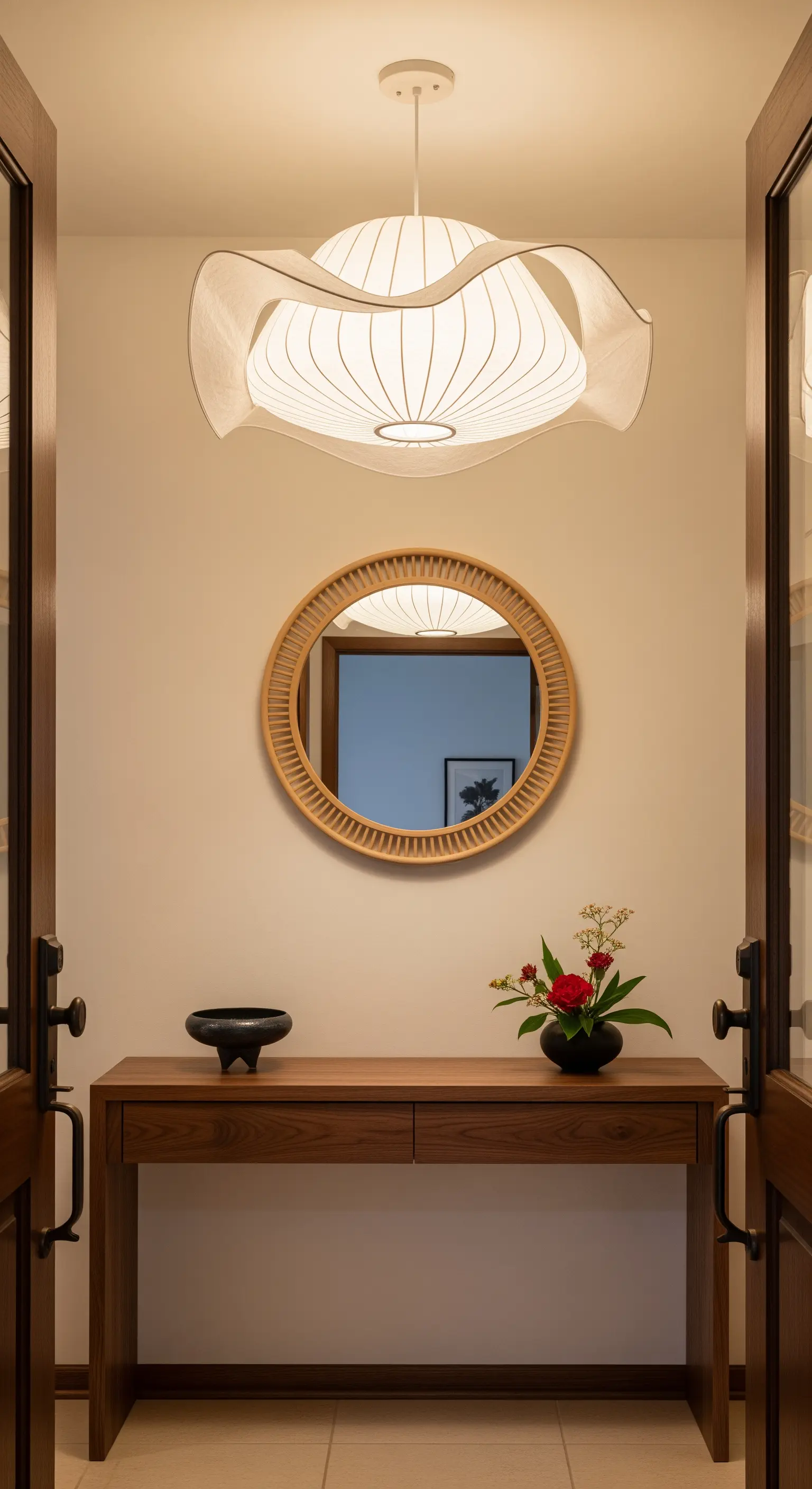 Consolle in legno di noce, specchio con cornice in rattan e lampada a sospensione in tessuto.