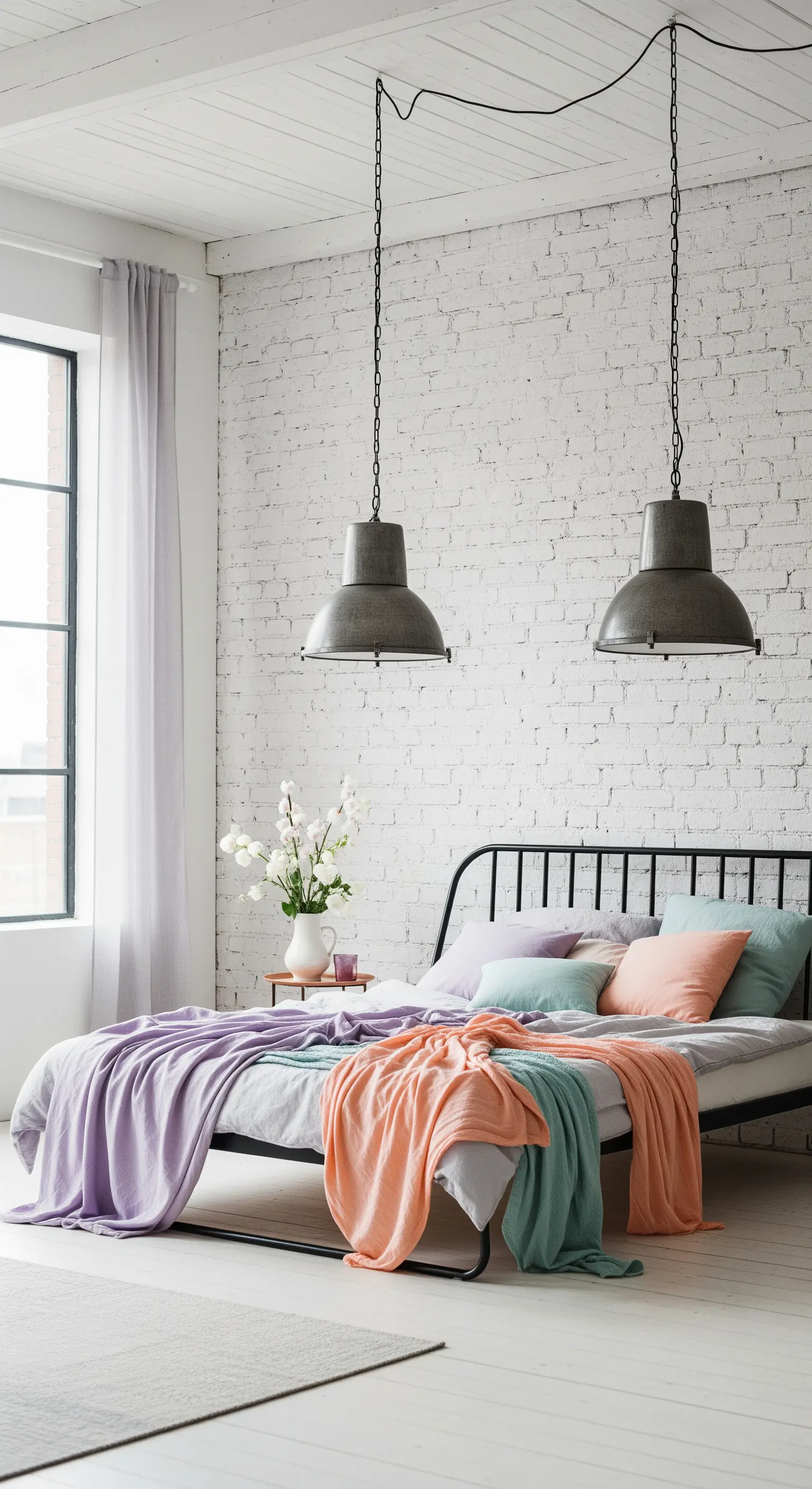 Camera da letto industriale con parete di mattoni bianchi e tessuti color pastello.