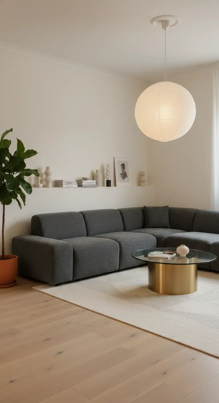 Soggiorno con divano grigio bouclé, tavolino in ottone e grande lampada a sfera in carta.