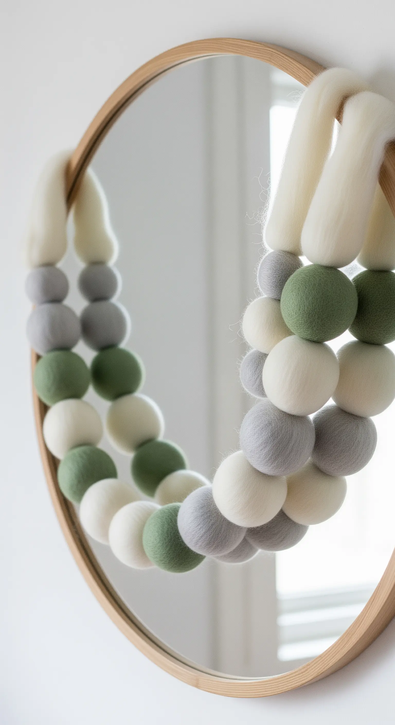 Ghirlanda di palline di feltro colorate appoggiata su uno specchio rotondo.