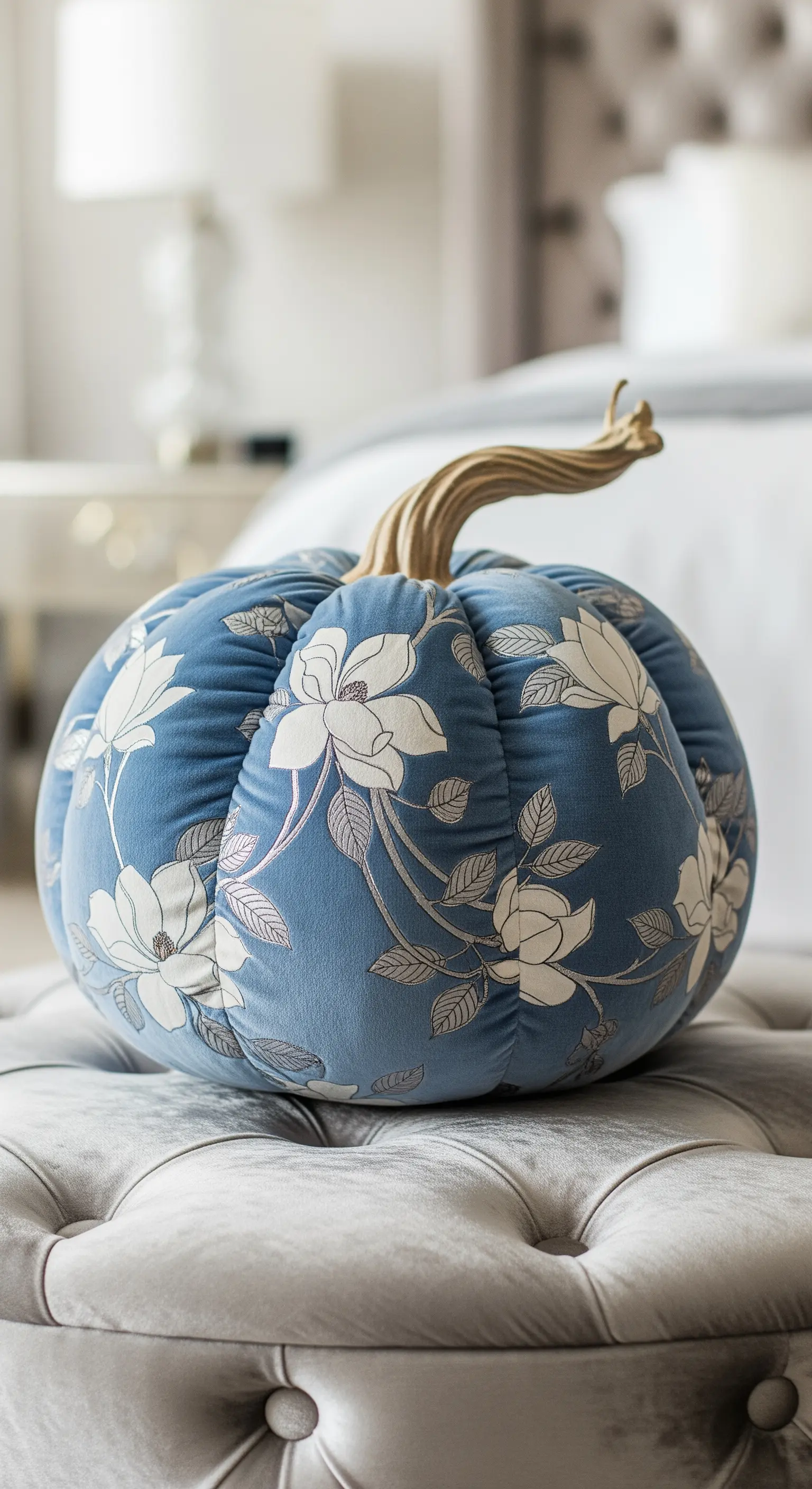 Zucca decorativa rivestita in velluto blu polvere con un disegno di magnolie bianche, su un pouf trapuntato.