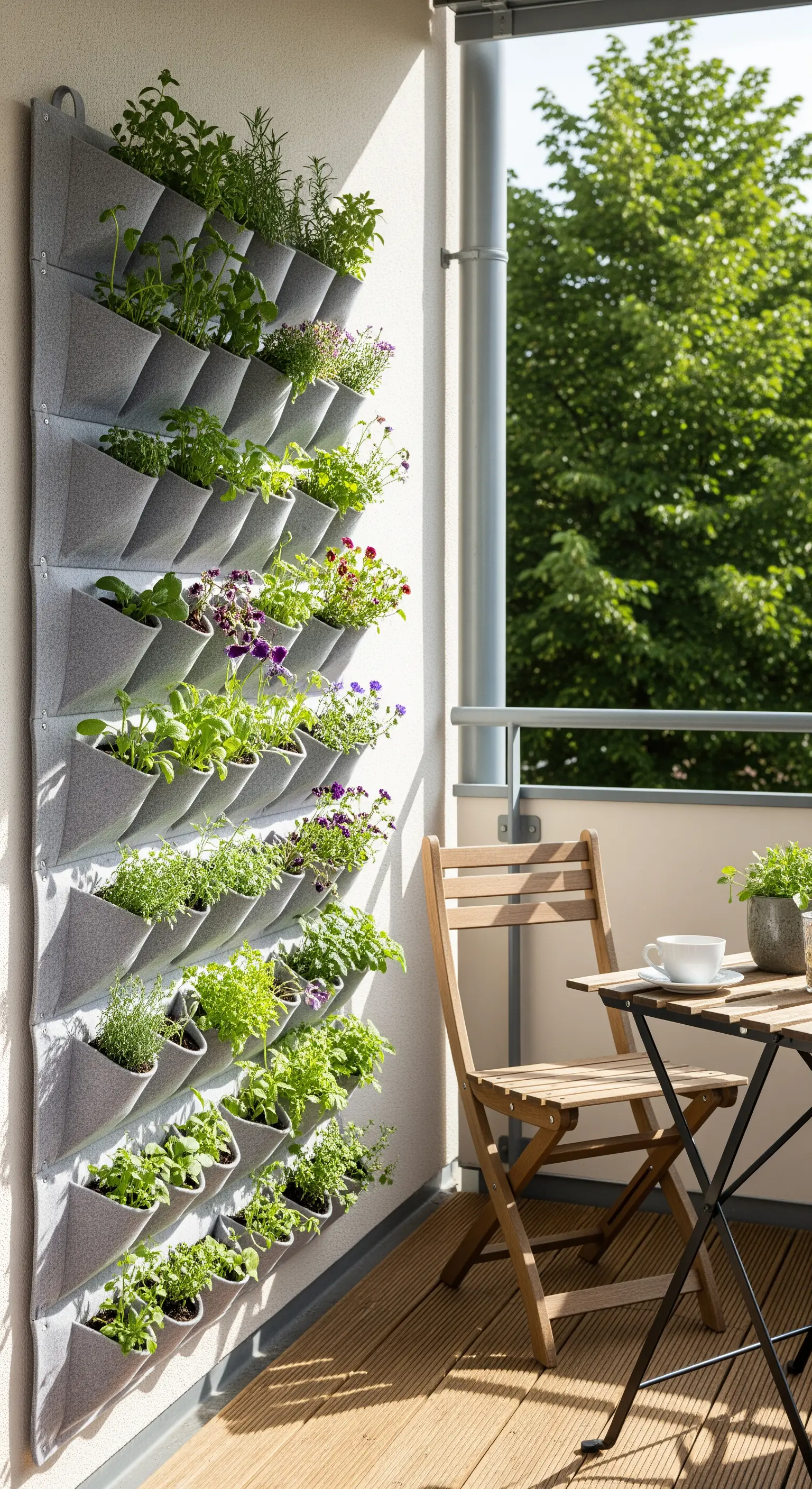 Fioriera verticale in feltro grigio appesa al muro con erbe aromatiche e fiori colorati.