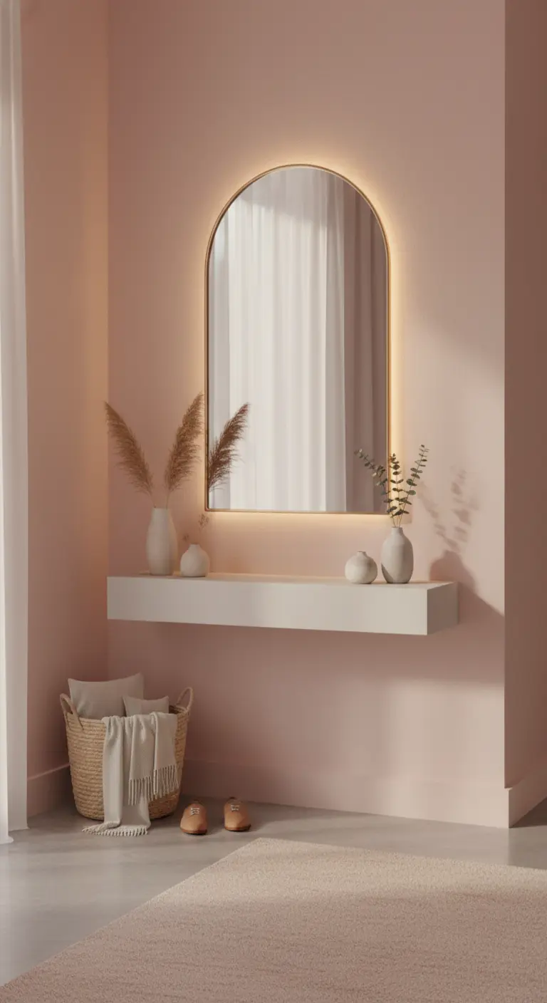 Specchio ad arco con retroilluminazione su una parete rosa cipria con mensola bianca.